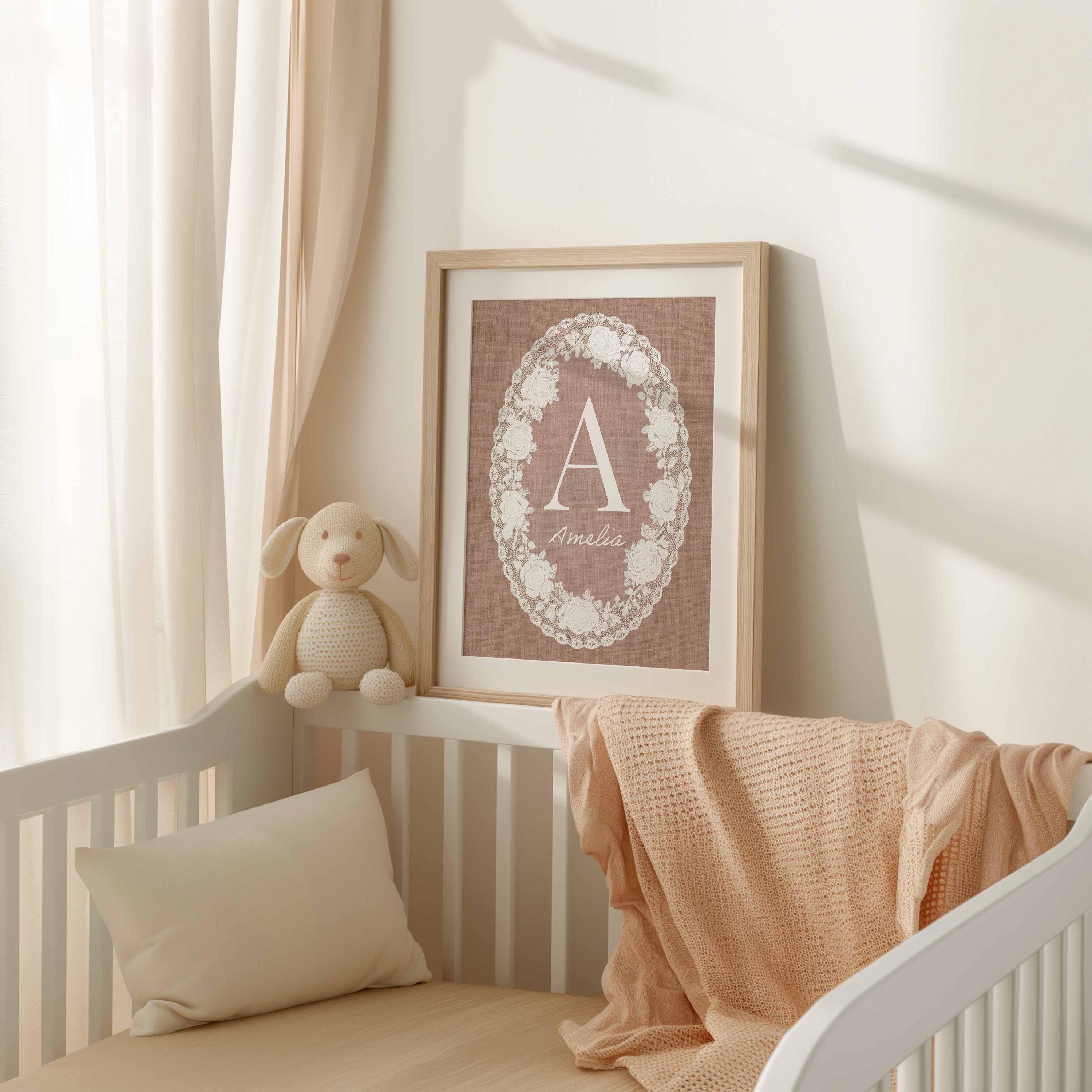 Vintage Baby Name Sign, Personalized Pink Lace Nursery Decor, Custom Doily Pattern Print, Whimsical Girl Nursery Wall Art Imagen secundaria del producto