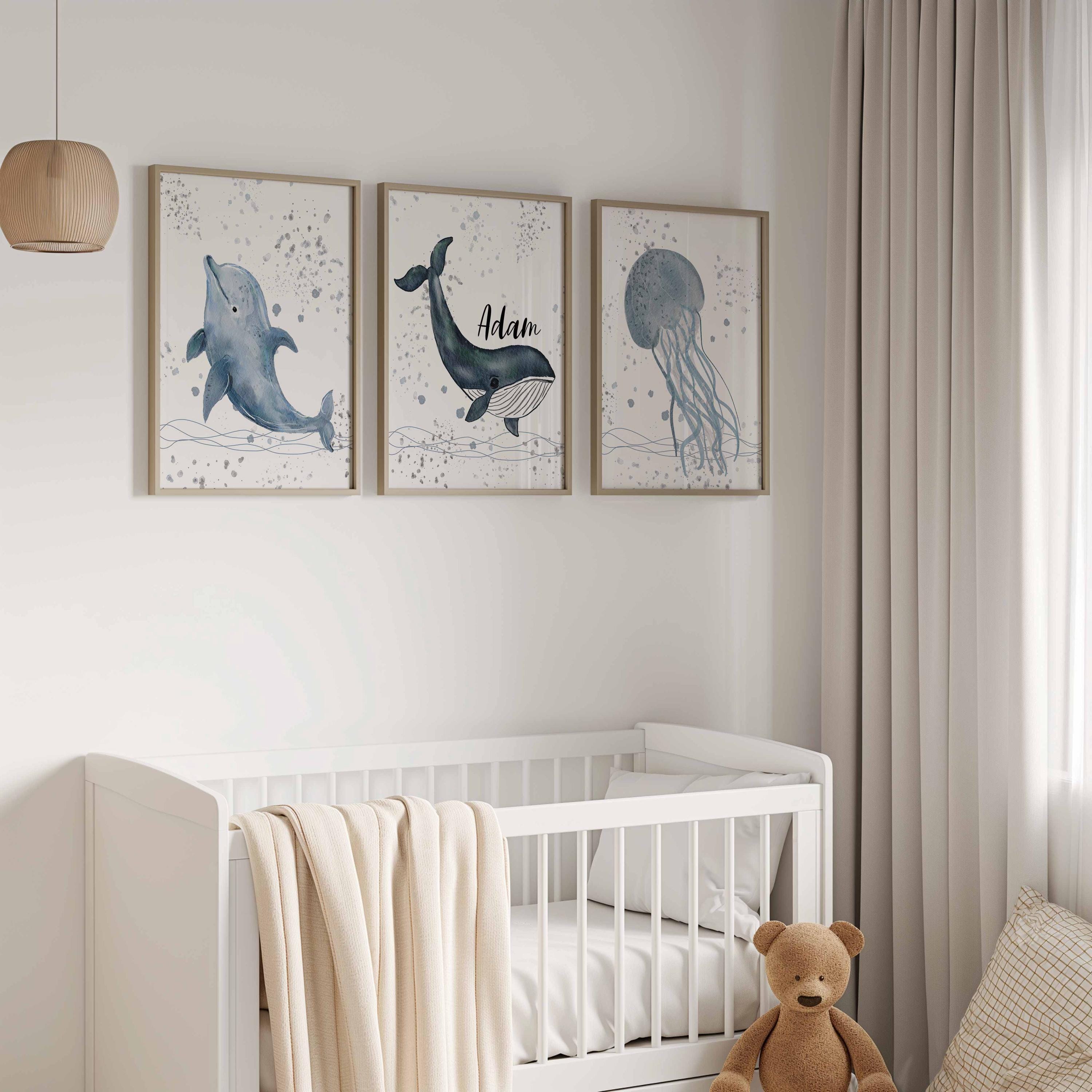Ocean Theme Nursery Name Art Print, Watercolor Dolphin Jellyfish Boy Room Decor (Physical Print) Image secondaire du produit
