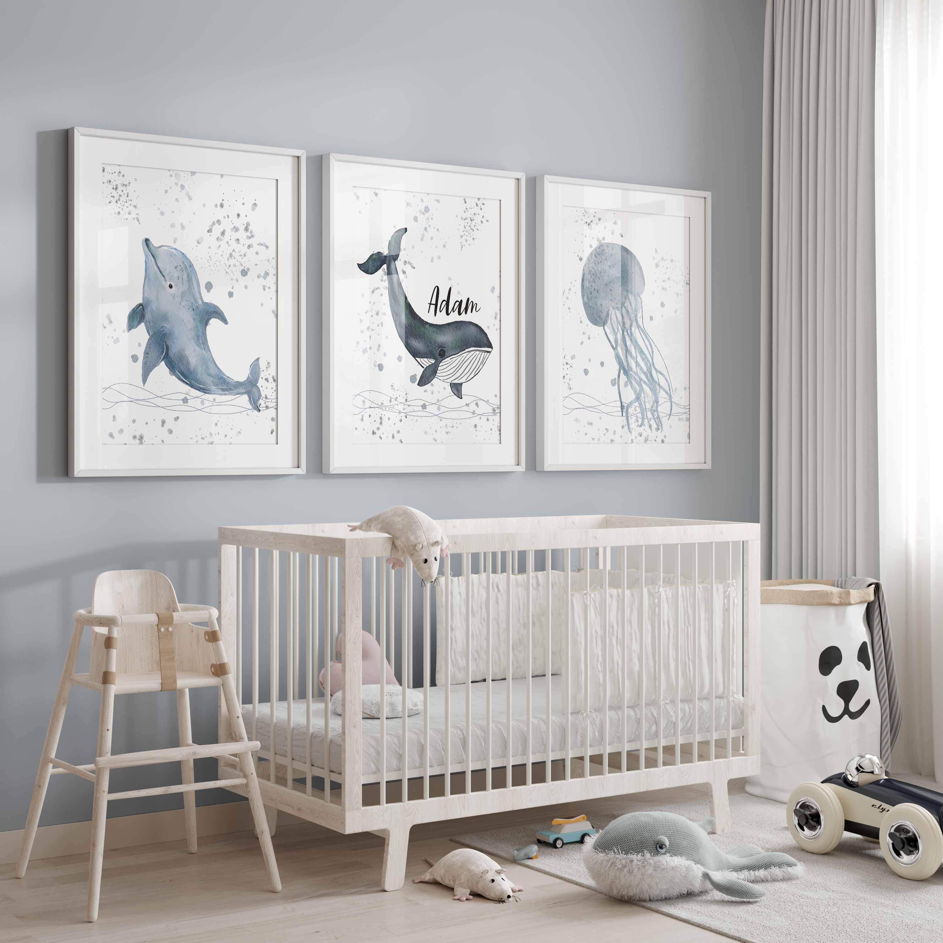 Ocean Theme Nursery Name Art Print, Watercolor Dolphin Jellyfish Boy Room Decor (Physical Print) Main image