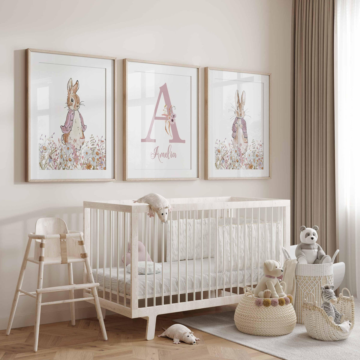 Cottagecore Bunny Rabbit Nursery Prints, Floral Baby Girl Wall Art, Above Crib decor (Digital Download) Main image