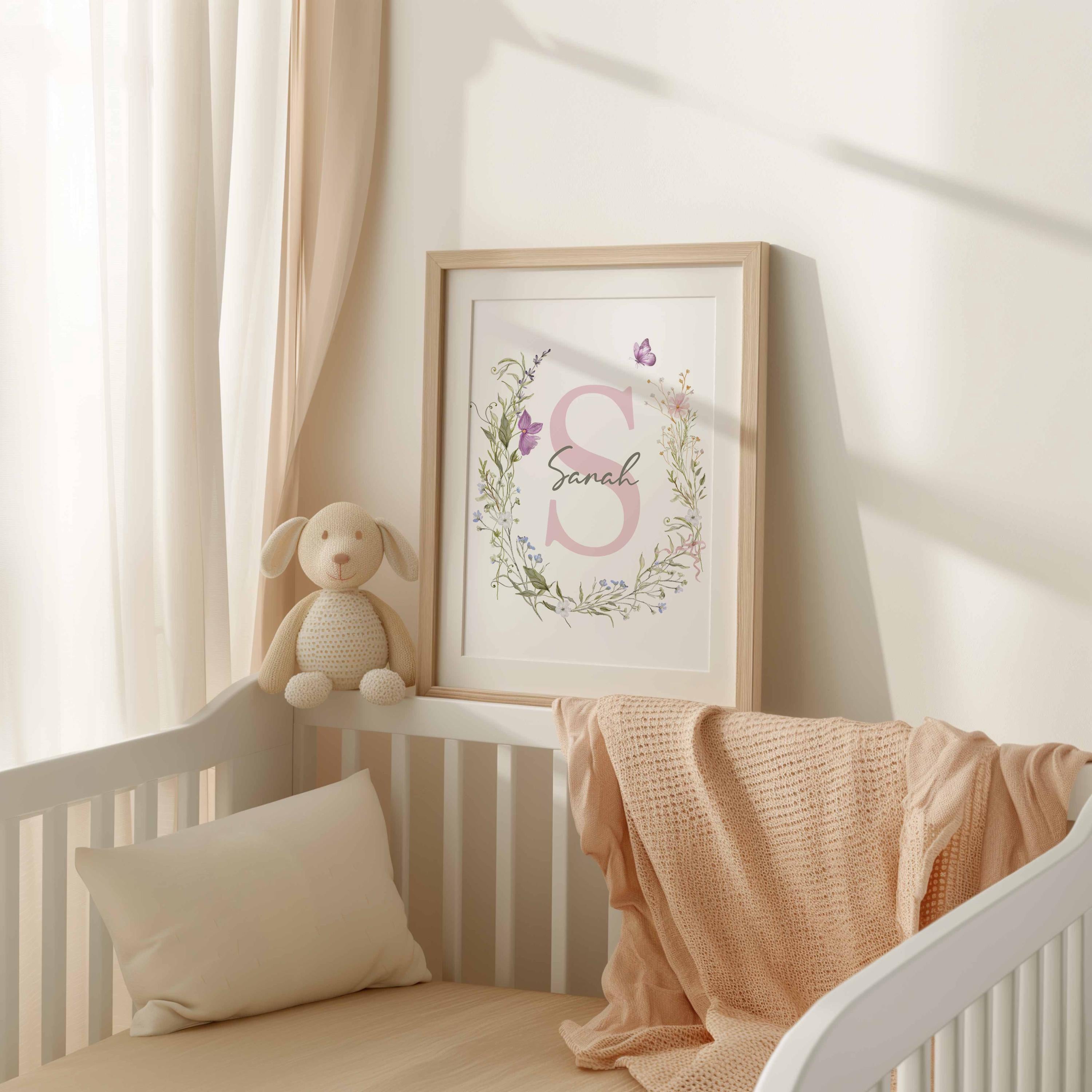 Personalized Wildflower Nursery Name Print, Custom Initial Baby Girl Wall Art, Pink Floral Meadow Nursery Decor, Cottagecore Baby Name Sign Image secondaire du produit