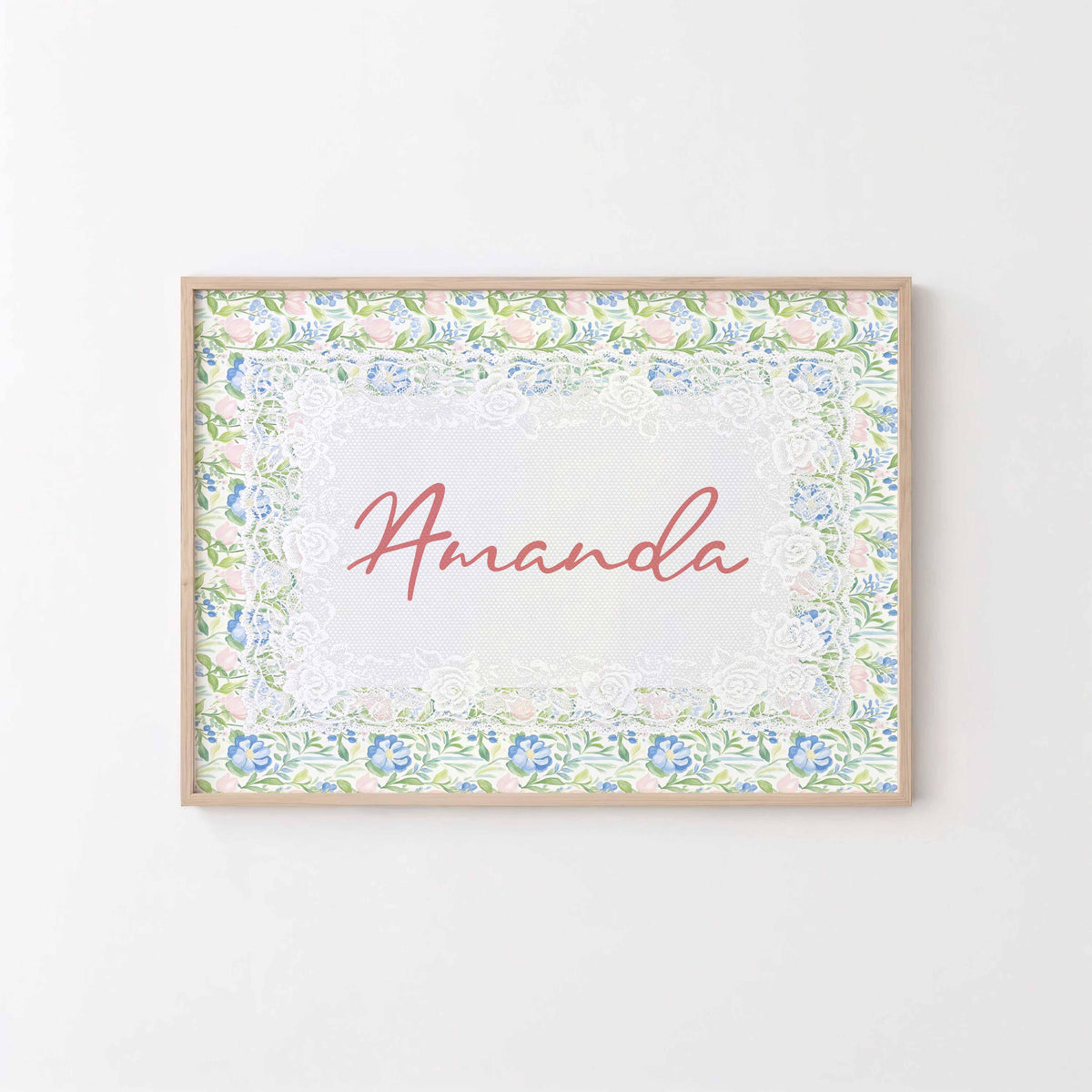 Pink Green Nursery Name, Custom Girl Nursery Decor, Personalized Doily Pattern, Vintage baby Name Sign, Lace Cottagecore wall art Main image