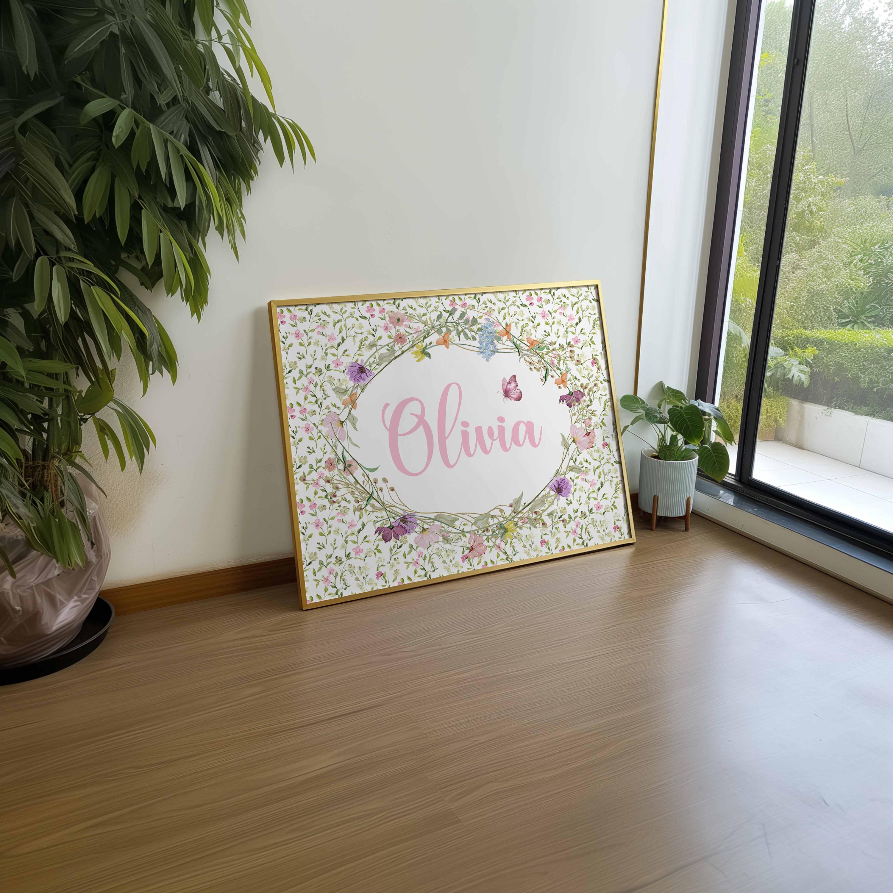 Wildflowers Baby Girl Name Sign, Pink Green Nursery Prints, Custom Girl Nursery Decor, Personalized Floral Kids Room, Cottagecore Wall Art Imagen secundaria del producto