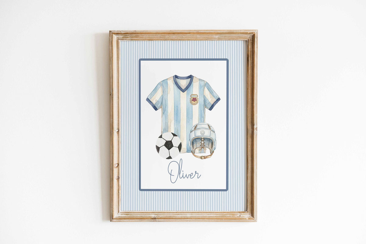 Personalized Soccer Nursery, Custom football Name Print, Kids Playroom Art, Boy Sports Bedroom, Kids Birthday Gift, Vintage Jersey Decor Main image