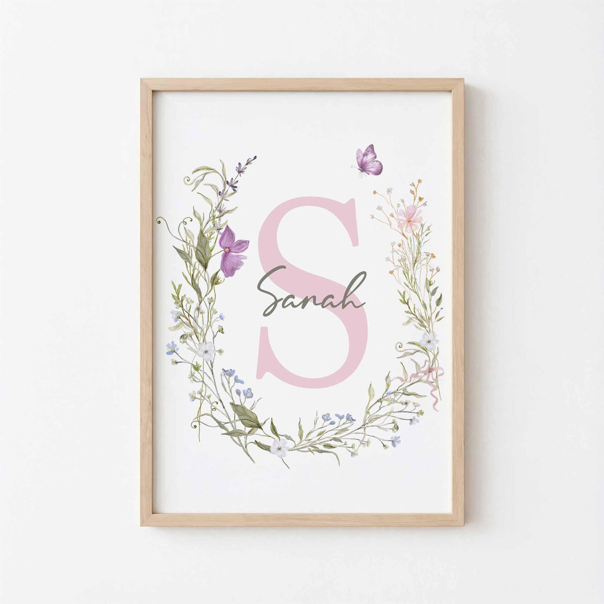 Personalized Wildflower Nursery Name Print, Custom Initial Baby Girl Wall Art, Pink Floral Meadow Nursery Decor, Cottagecore Baby Name Sign Main image