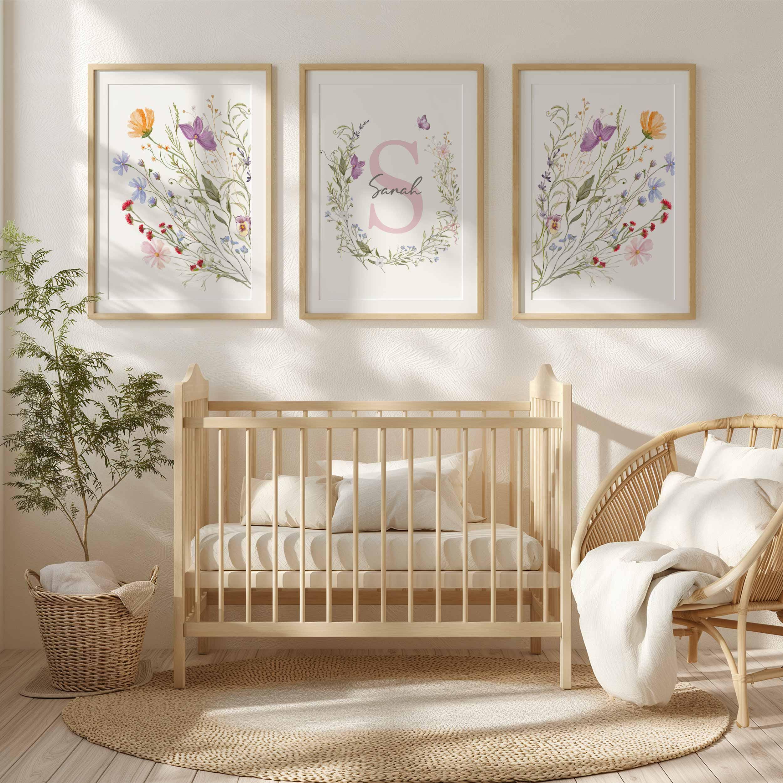 Wildflower Nursery Wall Art Set of 3, Personalized Baby Girl Name Prints, Pink Floral Meadow Decor, Custom Initial Gallery Wall Imagen secundaria del producto