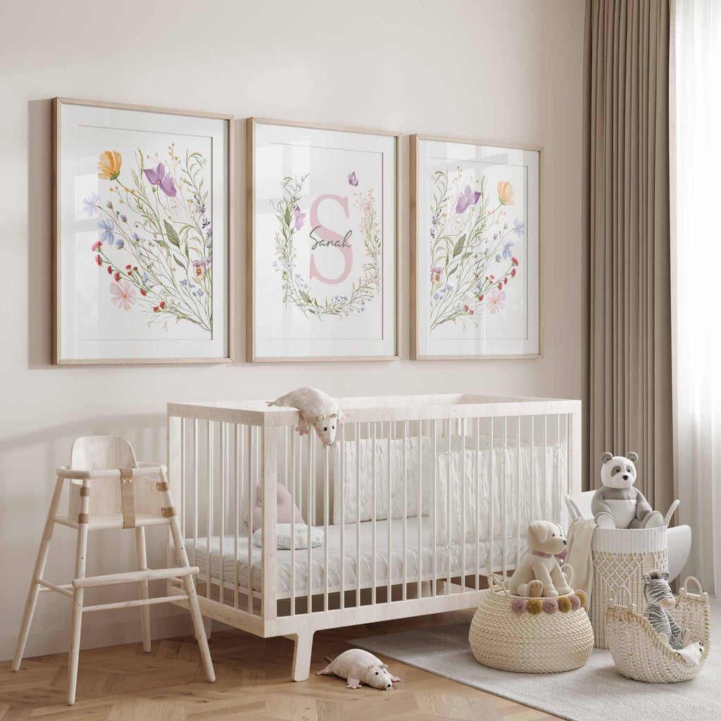 Boho Nursery Wildflower Prints, Baby Custom Name set of 3 prints, Nursery Meadow flowers, Girl floral Nursery Decor, Pastel Flowers