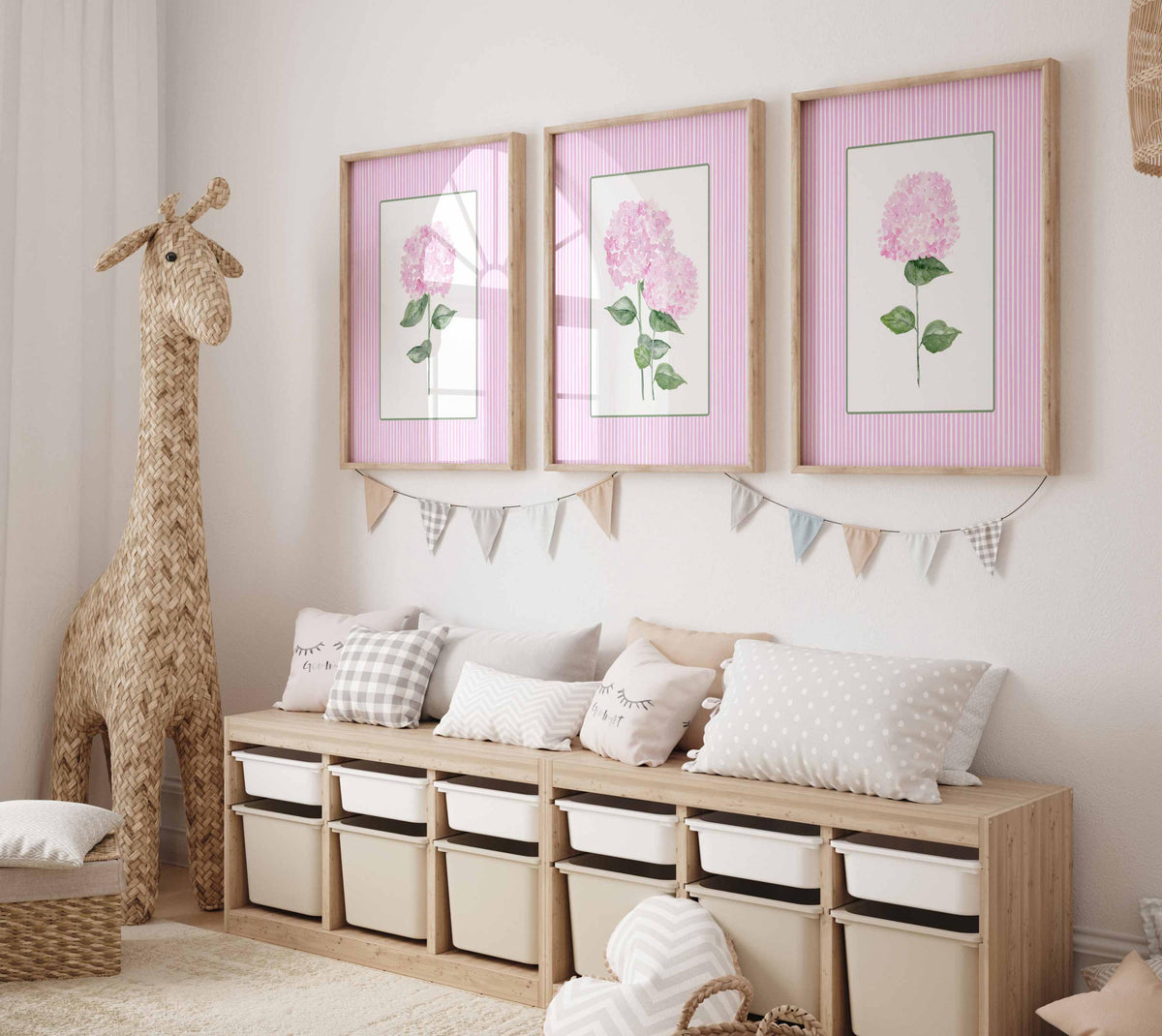 Set of 3 Pink Hydrangea Nursery Prints, Watercolor Floral Girl Bedroom Wall Art, Blush Pink Striped Flower Posters, Grandmillennial Decor Main image