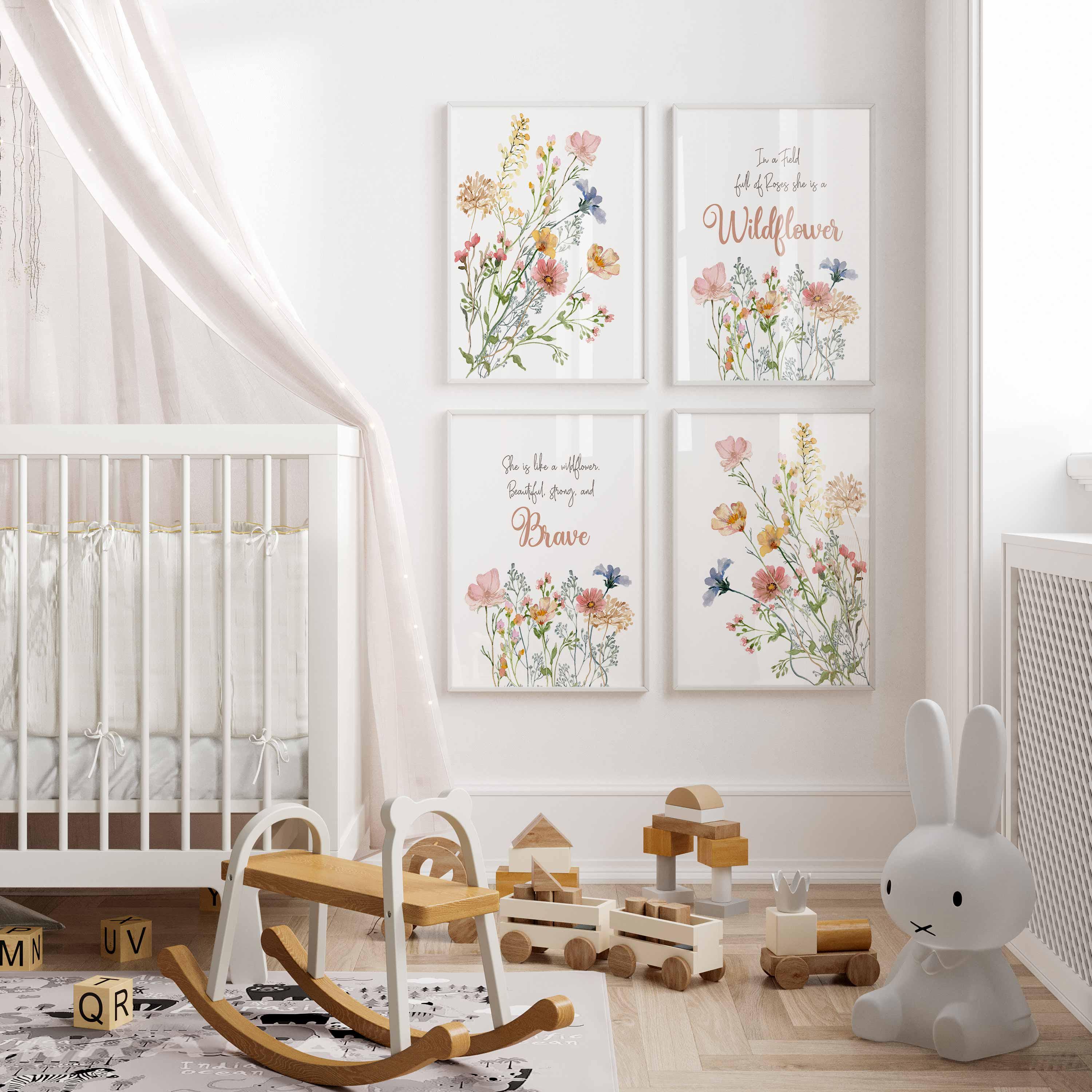 Wildflowers Nursery Set of 4 Prints, She is Like a Wildflower Wall Art, Floral Inspirational Quotes, Boho Meadow Art, Baby Girl Newborn Gift Image secondaire du produit