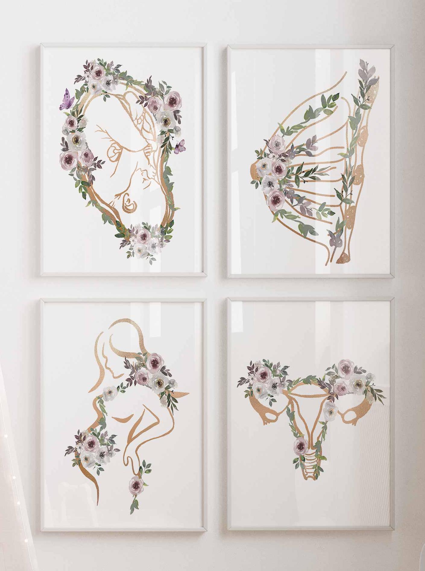 Pregnancy Anatomy, Obgyn wall art, Midwife artwork, Gynaecology Poster, Flower Gold Print, Doula Gift, Doctor Office wall Decor