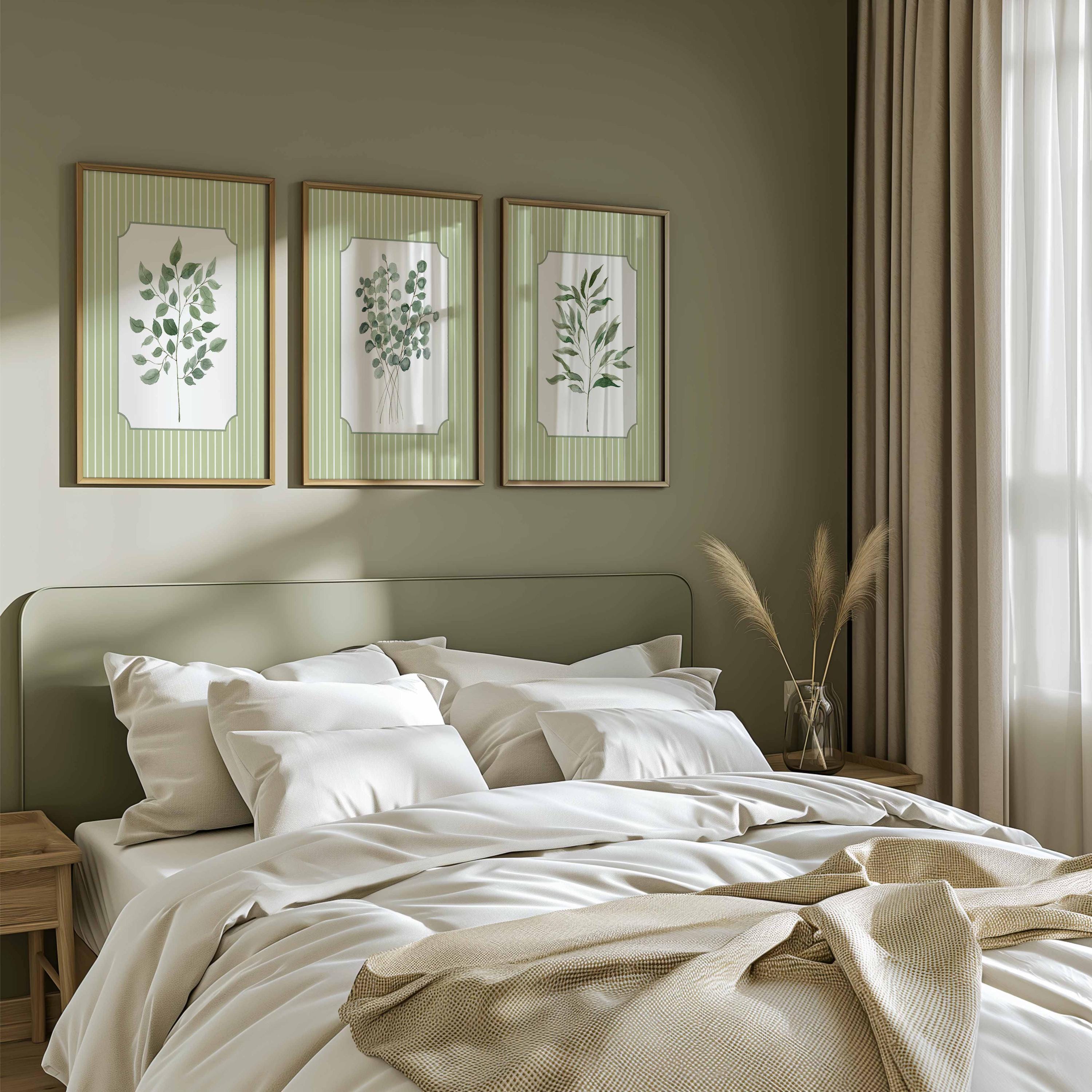 Minimalist Sage Stripe Leaf Art Print Set, Watercolor Botanical Poster Set, Entryway Console Wall Decor, Cottagecore Aesthetic Living Room Image secondaire du produit