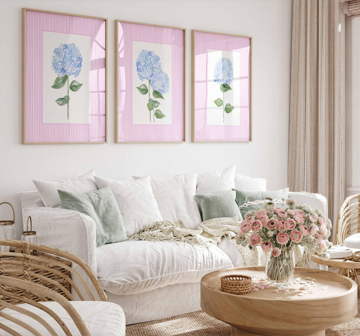 Hydrangea Print Set, Grandmillennial Blue Floral Art, Pink Stripe Living room decor, Nursery Wall Art, Flowers Girl Bedroom Preppy Prints