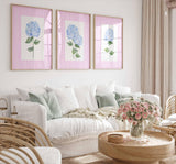 Hydrangea Print Set, Grandmillennial Blue Floral Art, Pink Stripe Living room decor, Nursery Wall Art, Flowers Girl Bedroom Preppy Prints