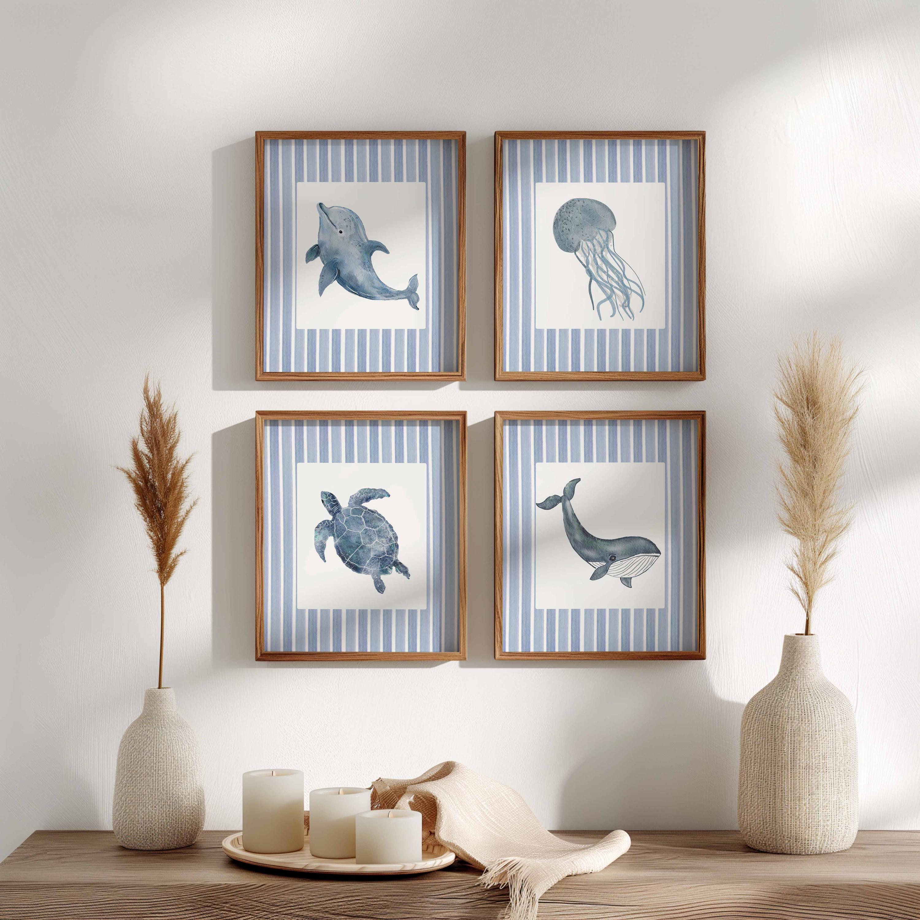 Ocean Theme Stripes Nursery Prints, Set of 4 Sea Animals wall Art, JellyFish whale Poster, Watercolor Baby Boy Nursery, Kids Room Decor Navy Main image
