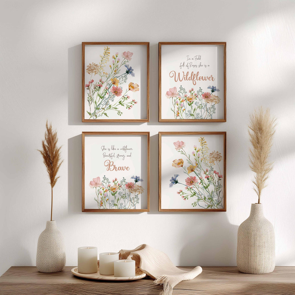Wildflowers Nursery Set of 4 Prints, She is Like a Wildflower Wall Art, Floral Inspirational Quotes, Boho Meadow Art, Baby Girl Newborn Gift