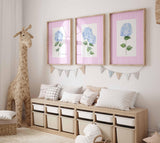 Pink Hydrangea Nursery Prints, Blue Flowers Baby Girl Room Decor, Floral Girl Bedroom, French country, Set of 3 Hydrangeas, Grandmillennial
