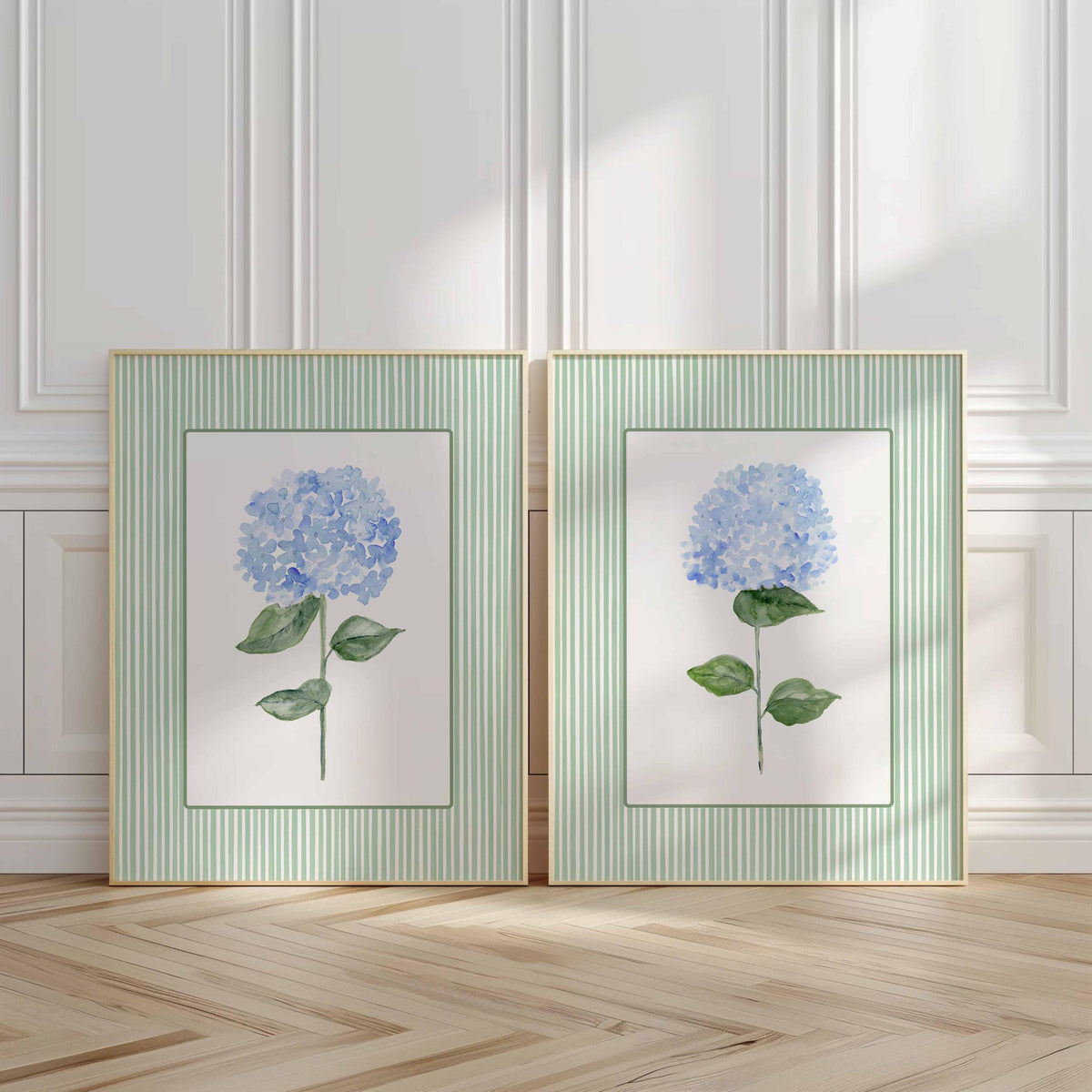 Hydrangea Prints, Set Of 2 Wall Art, Coastal decor, Grandmillennial Green Blue Floral poster, Bathroom prints, Stripes Artwork Hallway