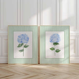 Hydrangea Prints, Set Of 2 Wall Art, Coastal decor, Grandmillennial Green Blue Floral poster, Bathroom prints, Stripes Artwork Hallway