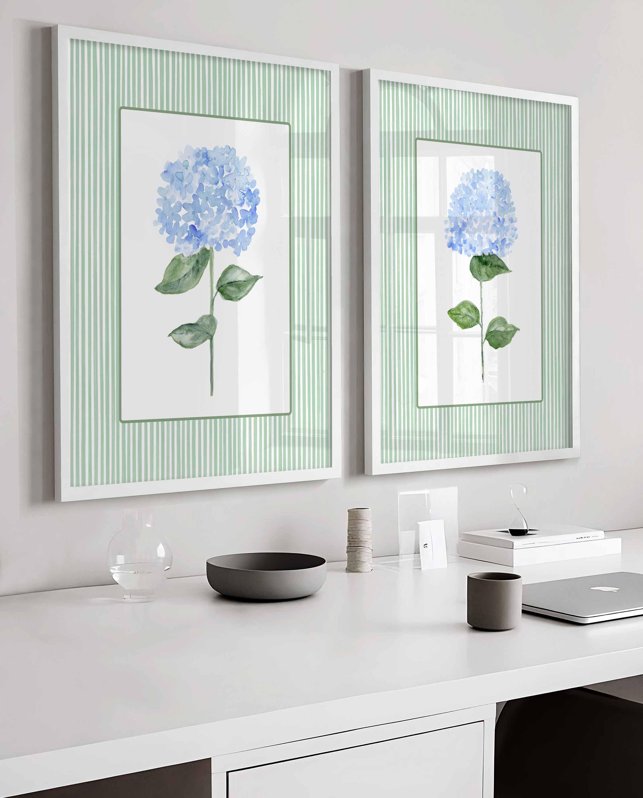 Hydrangea Prints, Set Of 2 Wall Art, Coastal decor, Grandmillennial Green Blue Floral poster, Bathroom prints, Stripes Artwork Hallway Main image