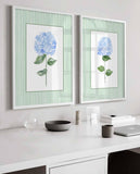 Hydrangea Prints, Set Of 2 Wall Art, Coastal decor, Grandmillennial Green Blue Floral poster, Bathroom prints, Stripes Artwork Hallway