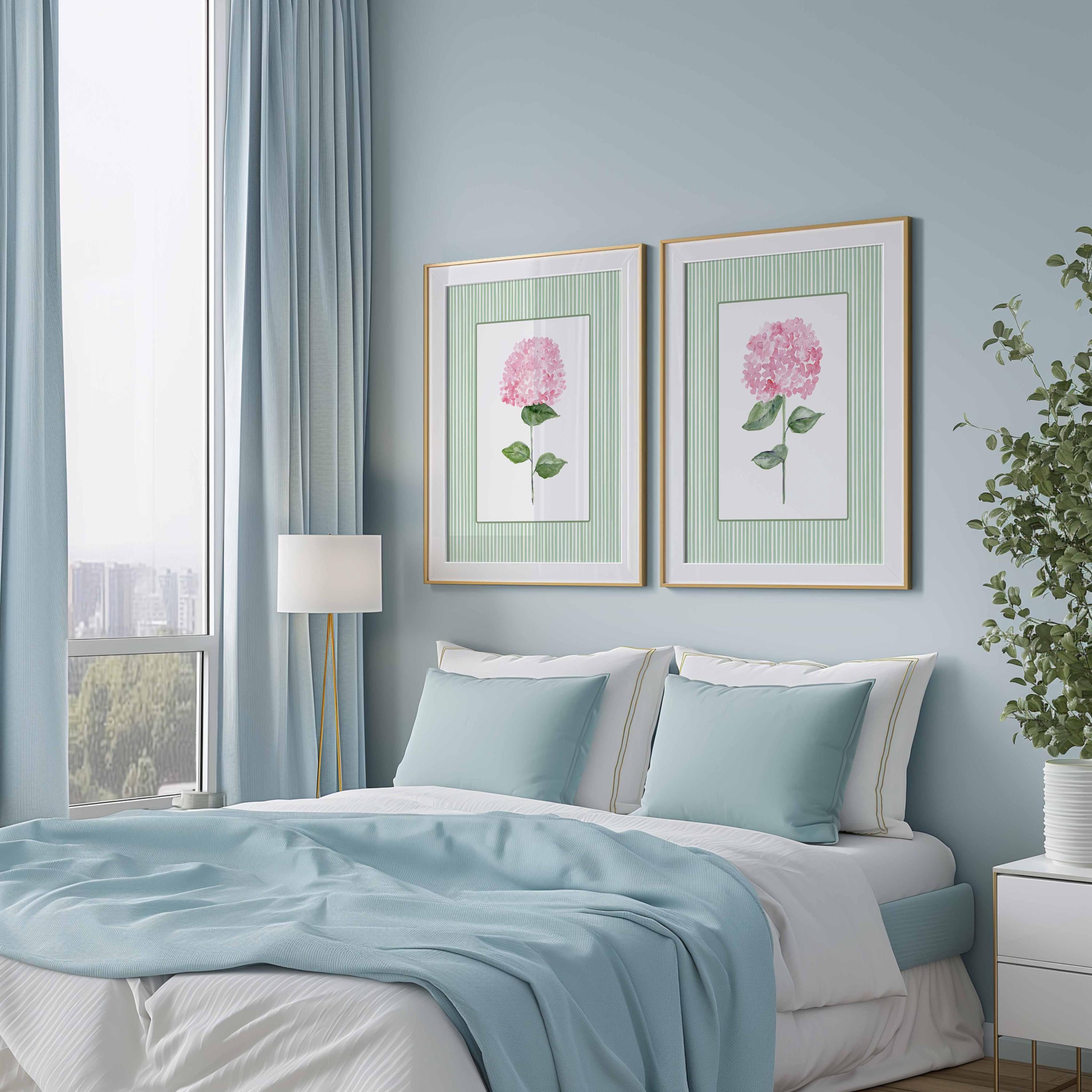 Pink Green Hydrangea Wall Art, Set of 2 prints, Floral Wall Decor, Girl bedroom Decor, Botanical Flower Painting, Stripes Grand Millenial Main image