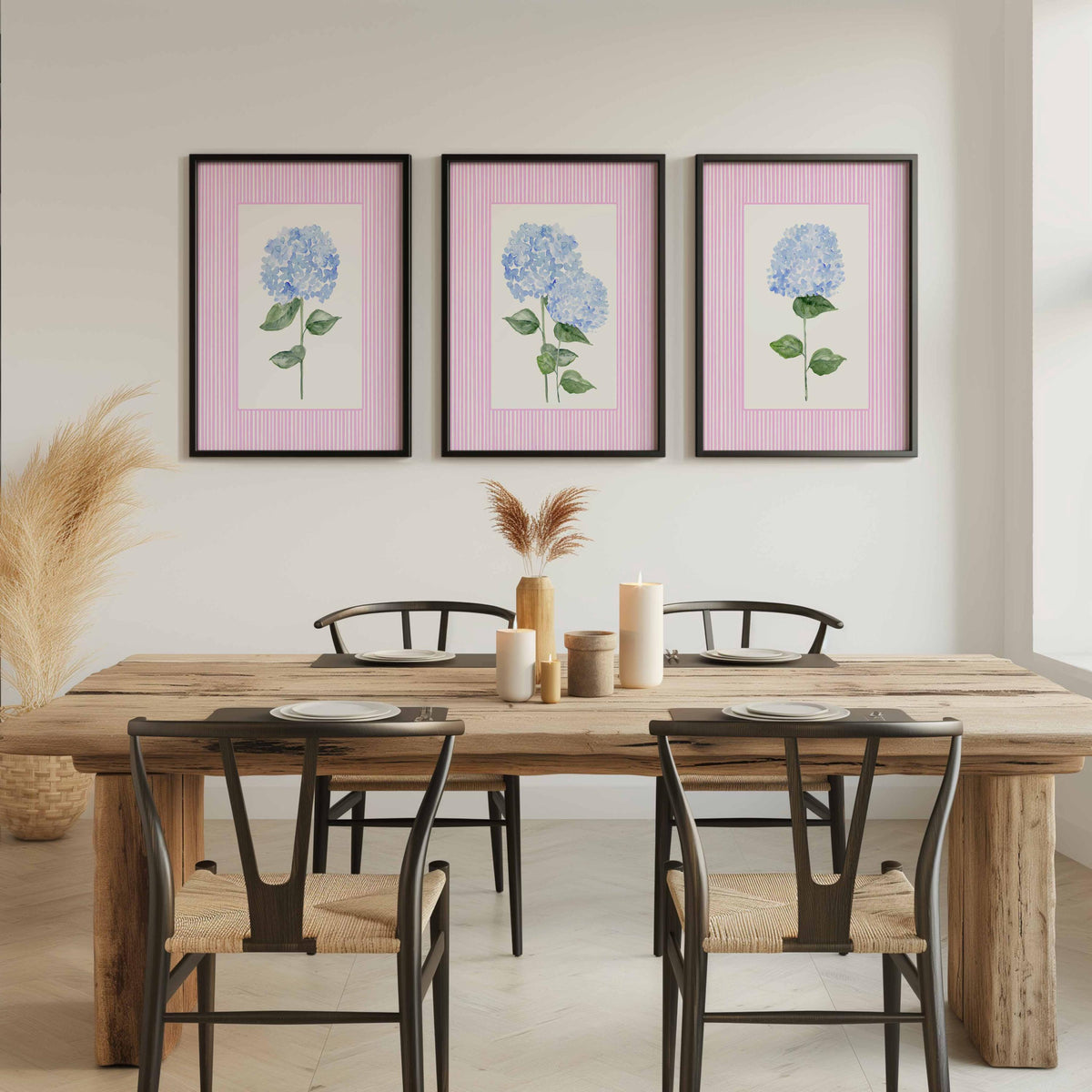 Hydrangea Print Set, Grandmillennial Blue Floral Art, Pink Stripe Living room decor, Nursery Wall Art, Flowers Girl Bedroom Preppy Prints