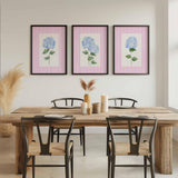 Hydrangea Print Set, Grandmillennial Blue Floral Art, Pink Stripe Living room decor, Nursery Wall Art, Flowers Girl Bedroom Preppy Prints
