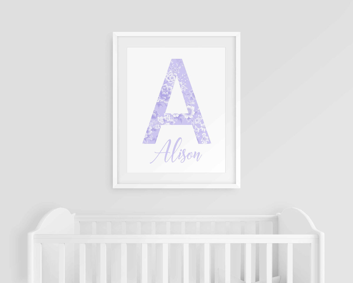 Floral Nursery Name Print, Custom Initial Baby Girl Wall Art, Purple Personalized Nursery Decor, Grandmillenium Baby Name Sign Printable Main image