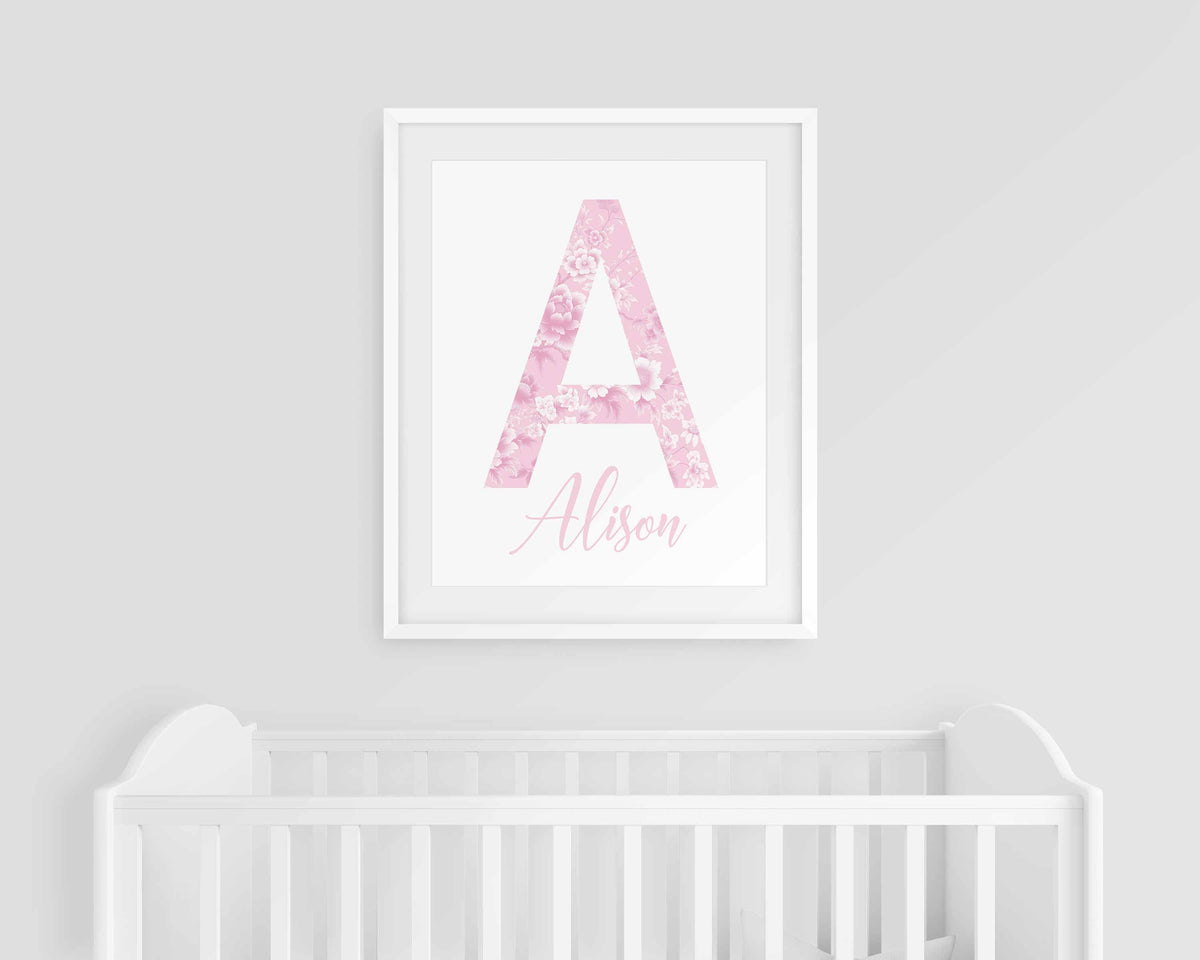 Personalized Floral Nursery Name Print, Custom Initial Baby Girl Wall Art, Pink Nursery Decor, Cottagecore Baby Name Sign, Digital Download Main image