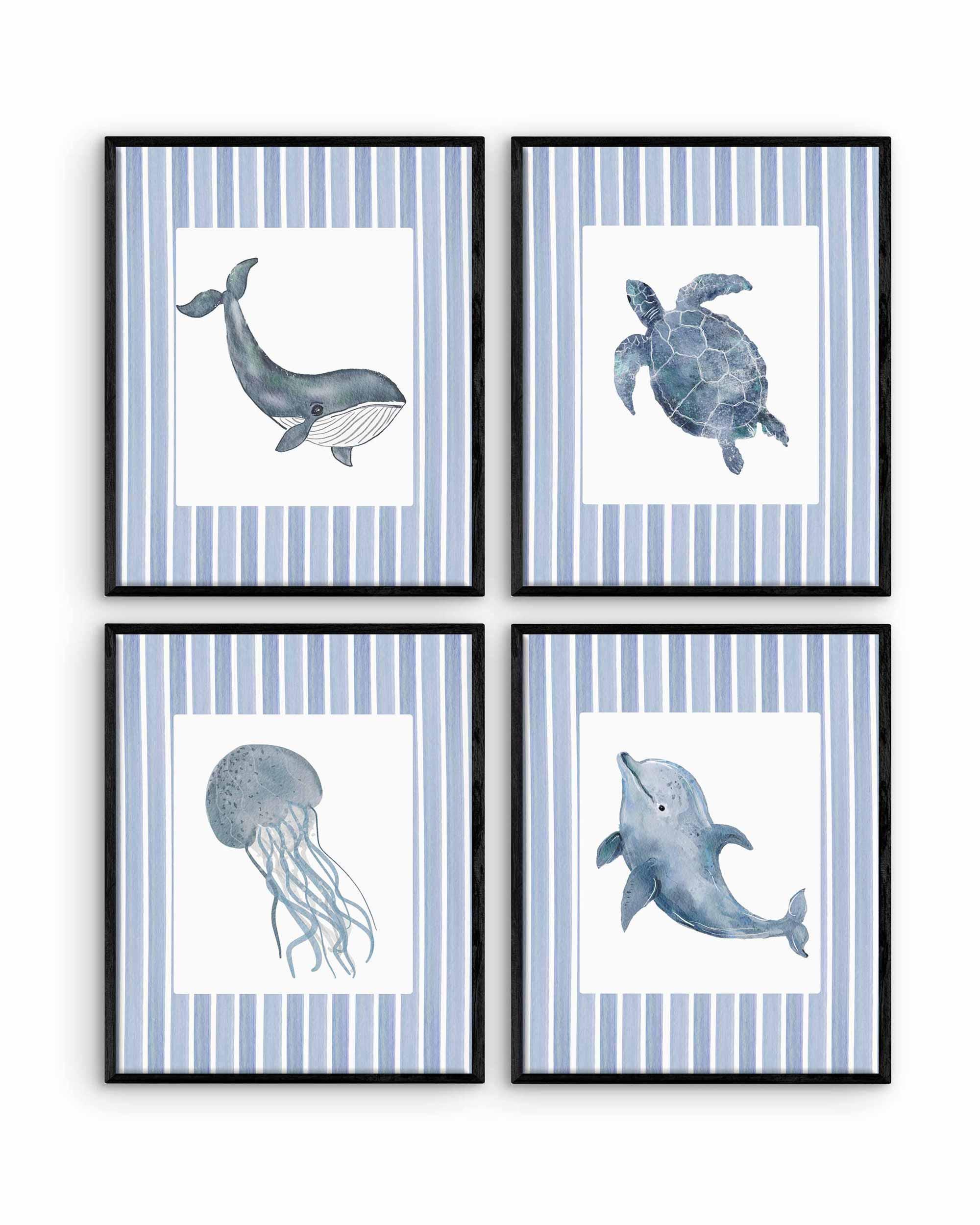 Ocean Theme Stripes Nursery Prints, Set of 4 Sea Animals wall Art, JellyFish whale Poster, Watercolor Baby Boy Nursery, Kids Room Decor Navy Imagen secundaria del producto