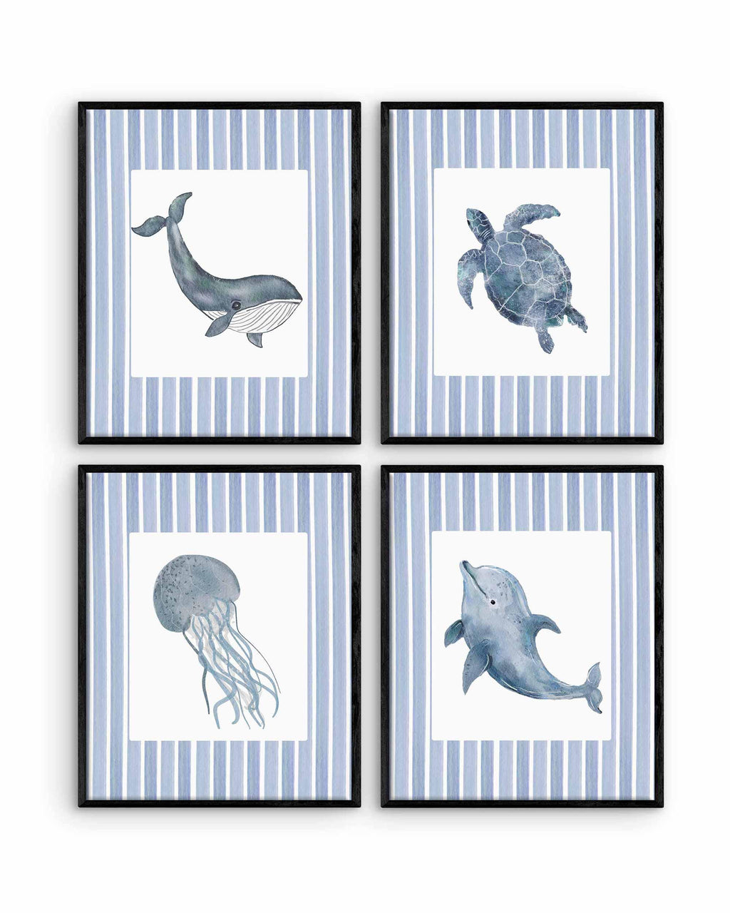 Whale, turtle, jellyfish and dolphin prints on blue stripes in black frames