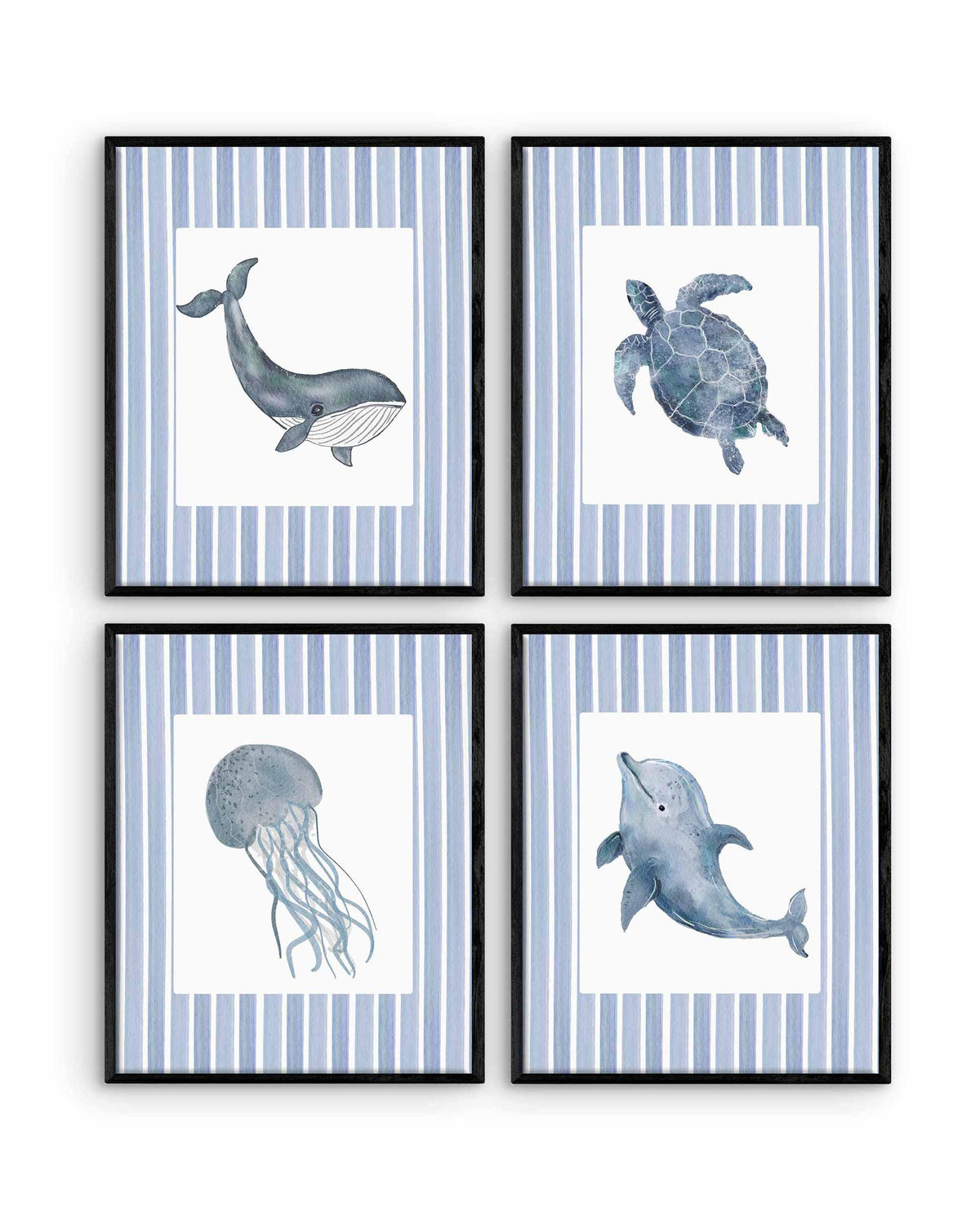 Whale, turtle, jellyfish and dolphin prints on blue stripes in black frames