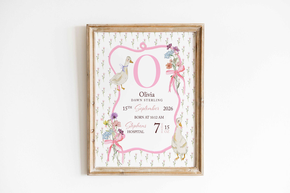 Birth Stats Print, Personalized Baby Girl name sign, Birth Details Keepsake Gift, Newborn Gift, Nursery decor, Goose Grandmillenial Decor Main image