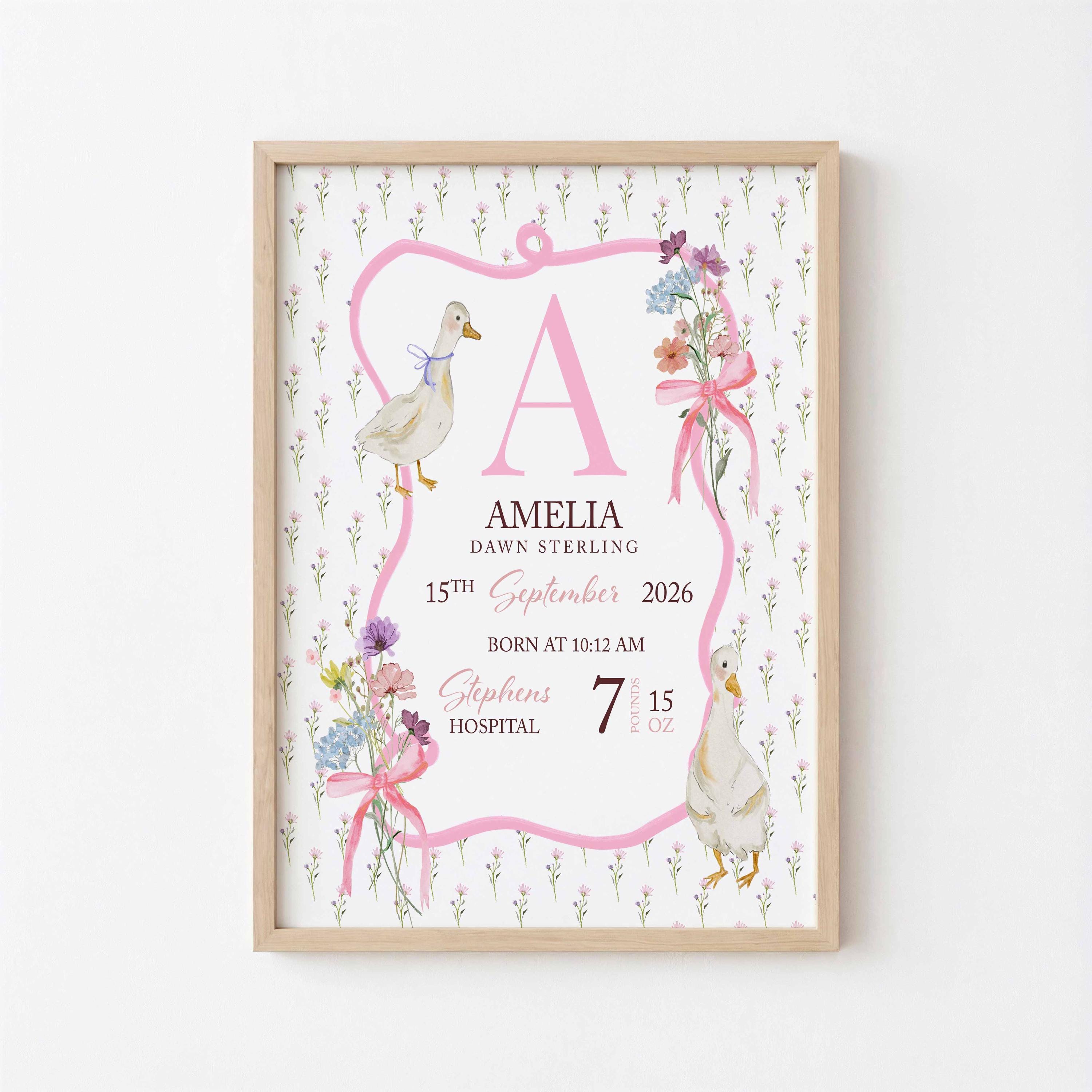 Birth Stats Print, Personalized Baby Girl name sign, Birth Details Keepsake Gift, Newborn Gift, Nursery decor, Goose Grandmillenial Decor Imagen secundaria del producto