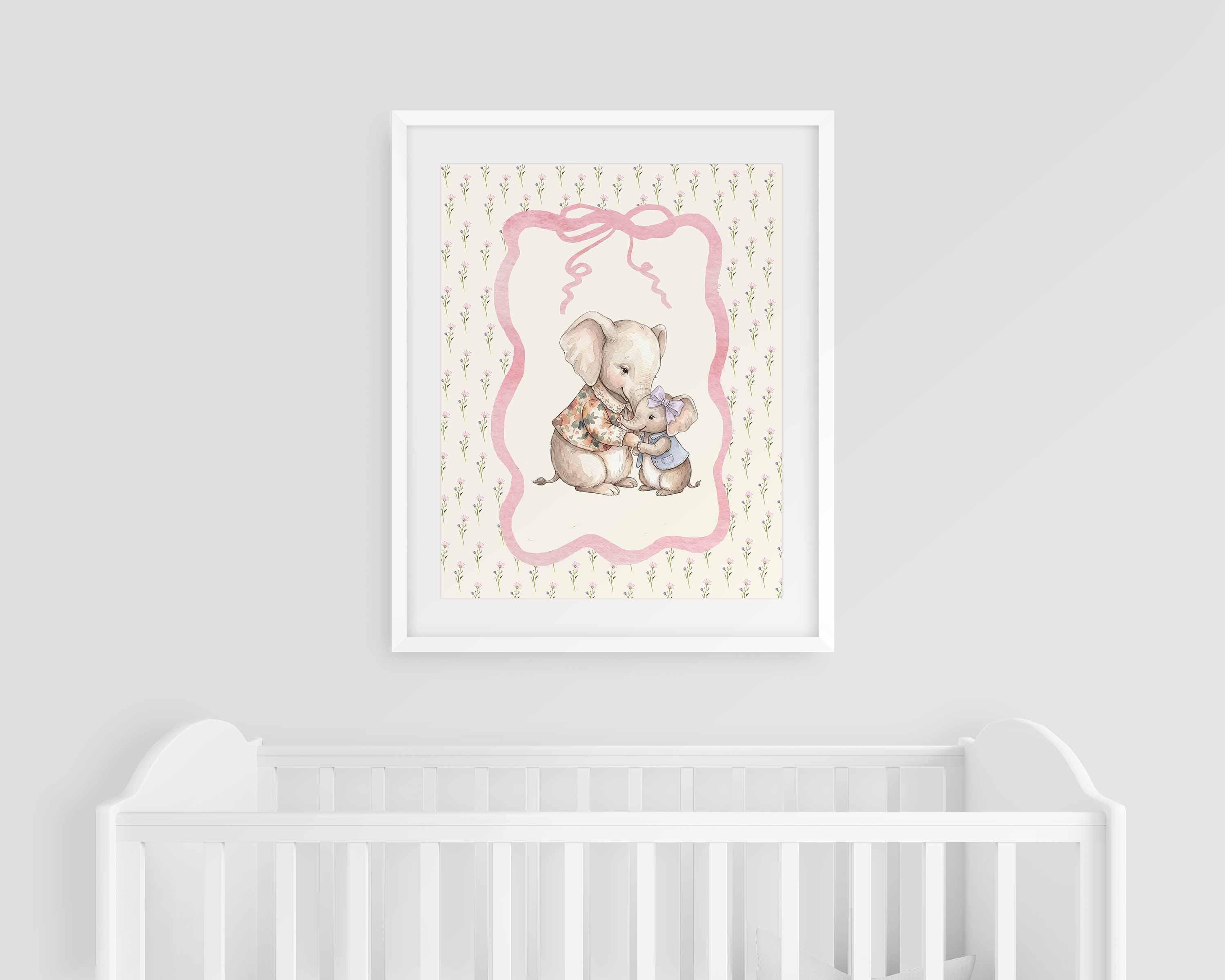 Baby Elephant Nursery Print, Mother & Baby Elephant Wall Art, Vintage Nursery Decor, Cottagecore Girl Room Art, Heirloom Printable Image secondaire du produit