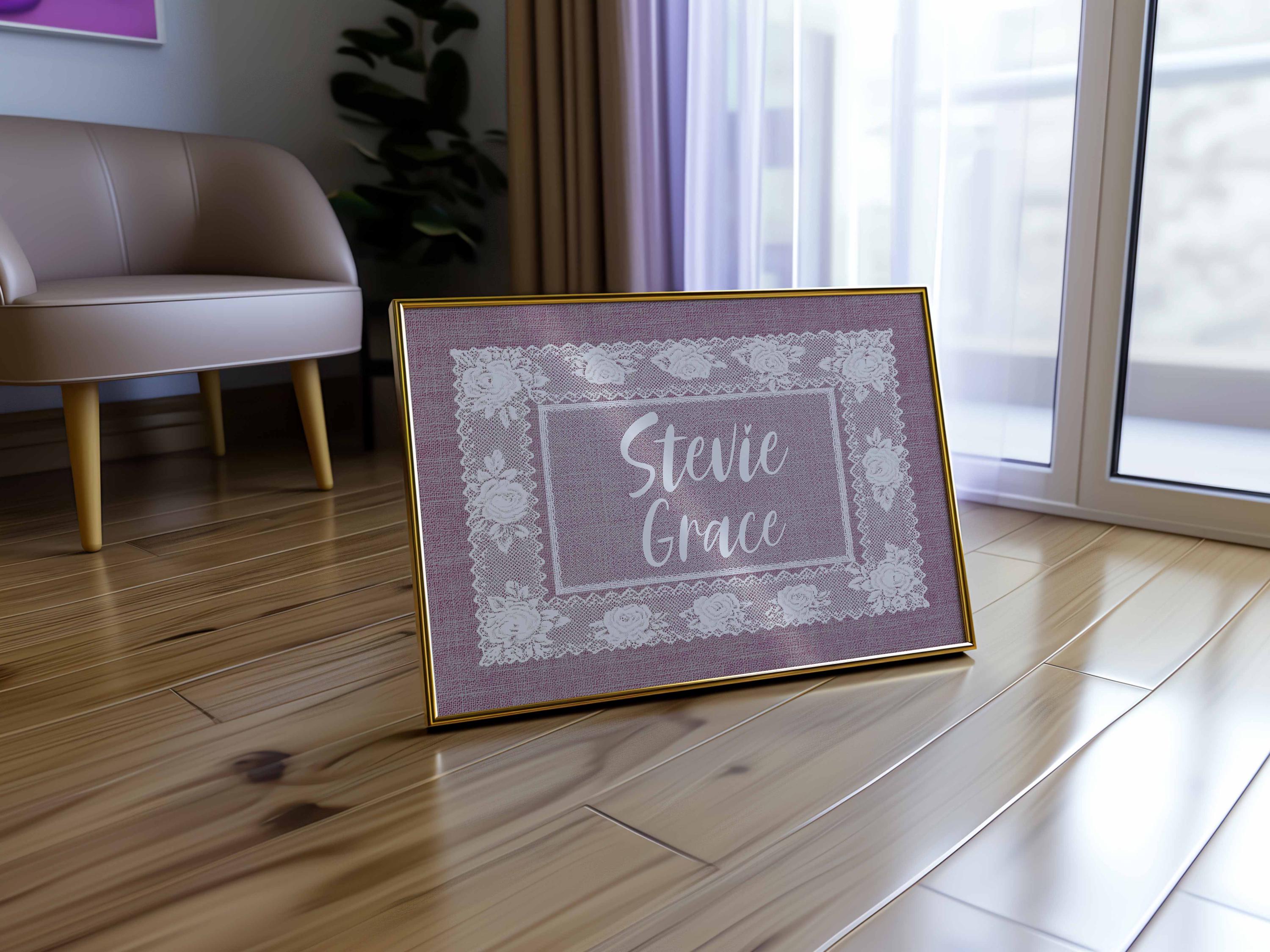 Custom Nursery Decor, Personalized Doily Pattern, Pink Lace Nursery Name, Vintage baby Name Sign, Cottagecore wall art digital Prints Imagen secundaria del producto