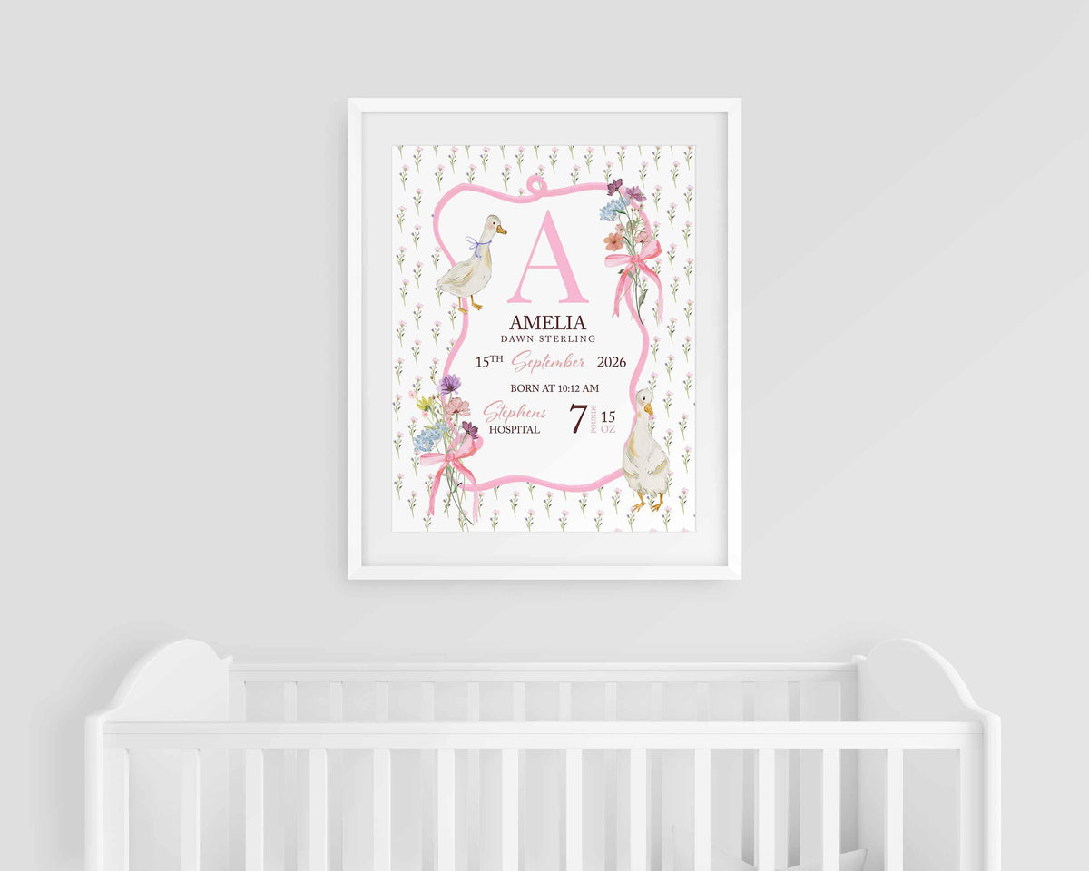 Birth Print, Personalized Baby Girl name sign, Birth stats Details Keepsake Gift, Newborn Gift, Nursery decor, Goose Grandmillenial Decor Main image