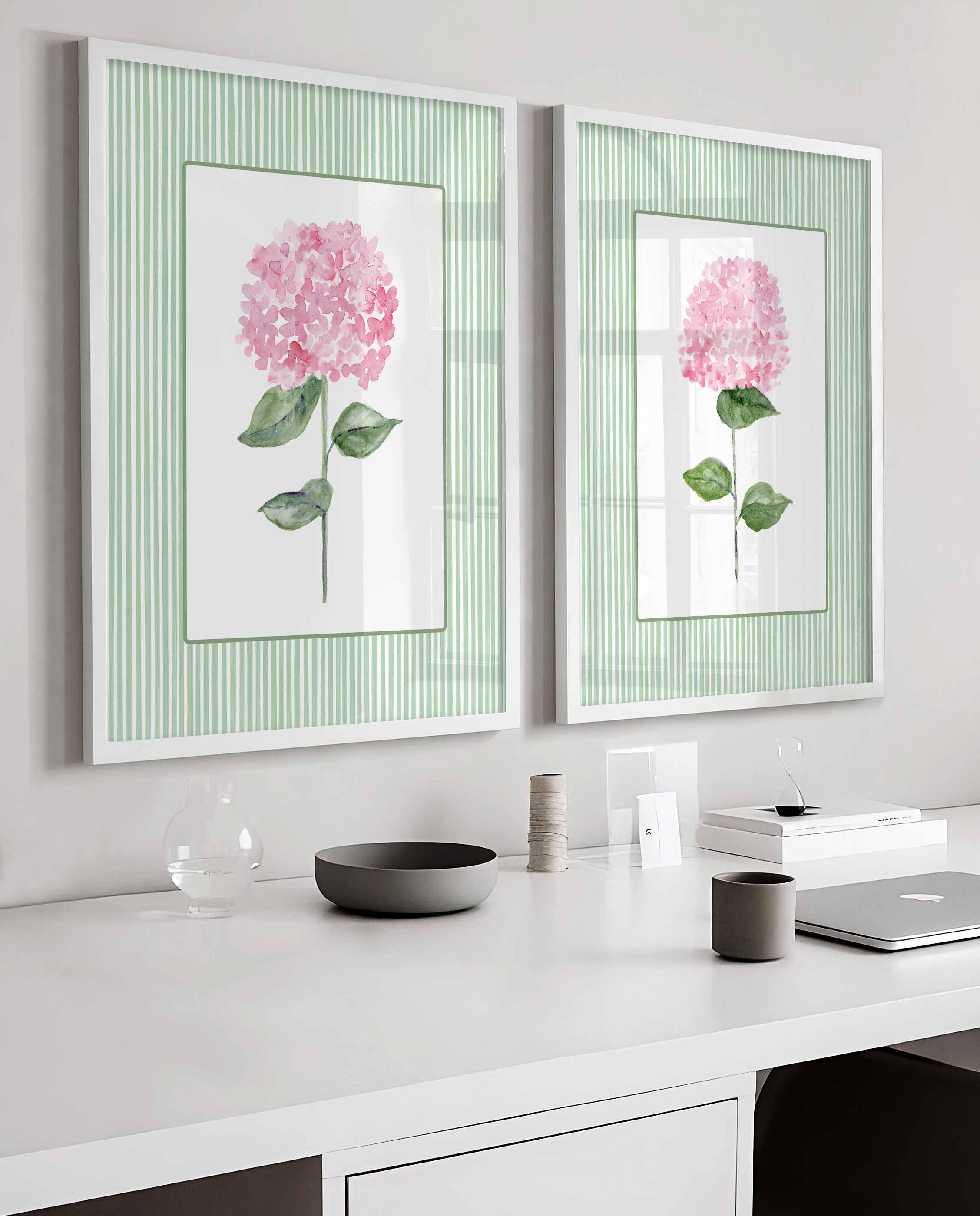 Pink Green Hydrangea Wall Art, Set of 2 prints, Floral Wall Decor, Girl bedroom Decor, Botanical Flower Painting, Stripes Grand Millenial