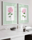 Pink Green Hydrangea Wall Art, Set of 2 prints, Floral Wall Decor, Girl bedroom Decor, Botanical Flower Painting, Stripes Grand Millenial