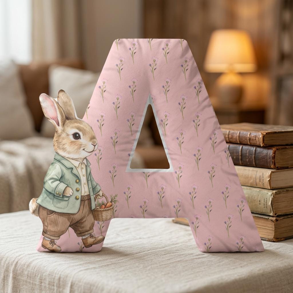 Custom Initial Pillow, Pink Girl Nursery Decor, Rabbit pillow, Cottagecore Nursery, Pillow letter, First Birthday gift, Newborn baby gift Secondary image