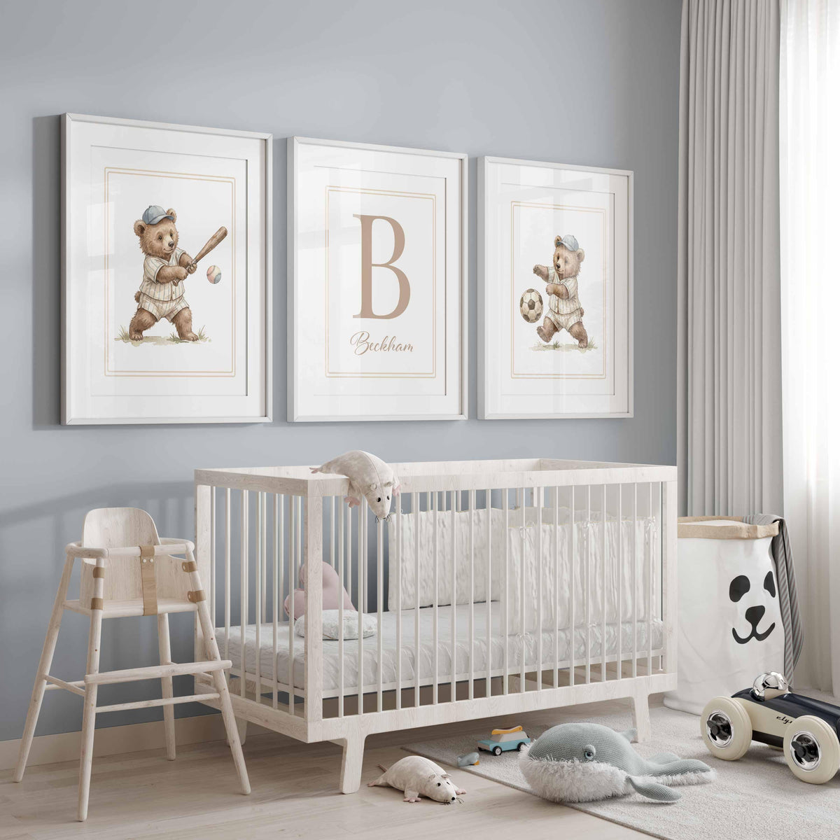 Vintage Teddy Bear Nursery, Custom Name Prints, Set of 3 Boy Nursery Printable, Kids Sporting Wall Art