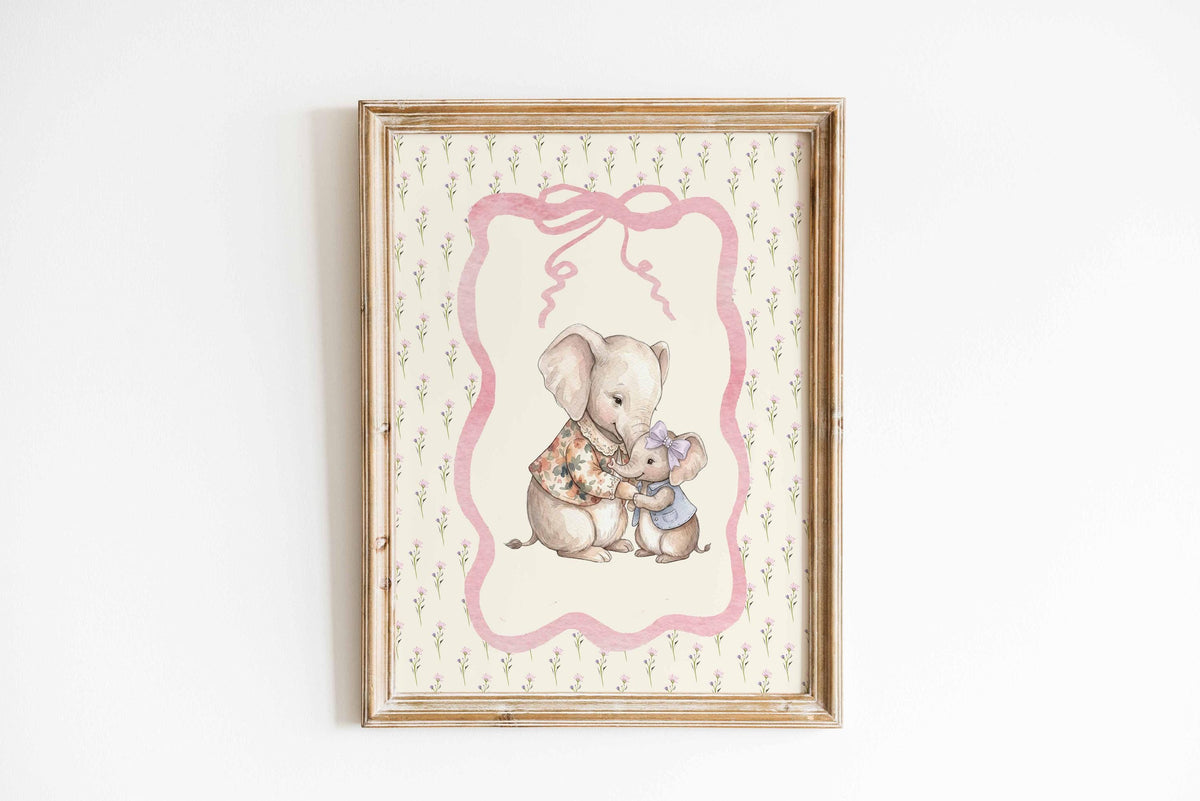 Baby Elephant Nursery Print, Mother & Baby Elephant Wall Art, Vintage Nursery Decor, Cottagecore Girl Room Art, Heirloom Printable Main image