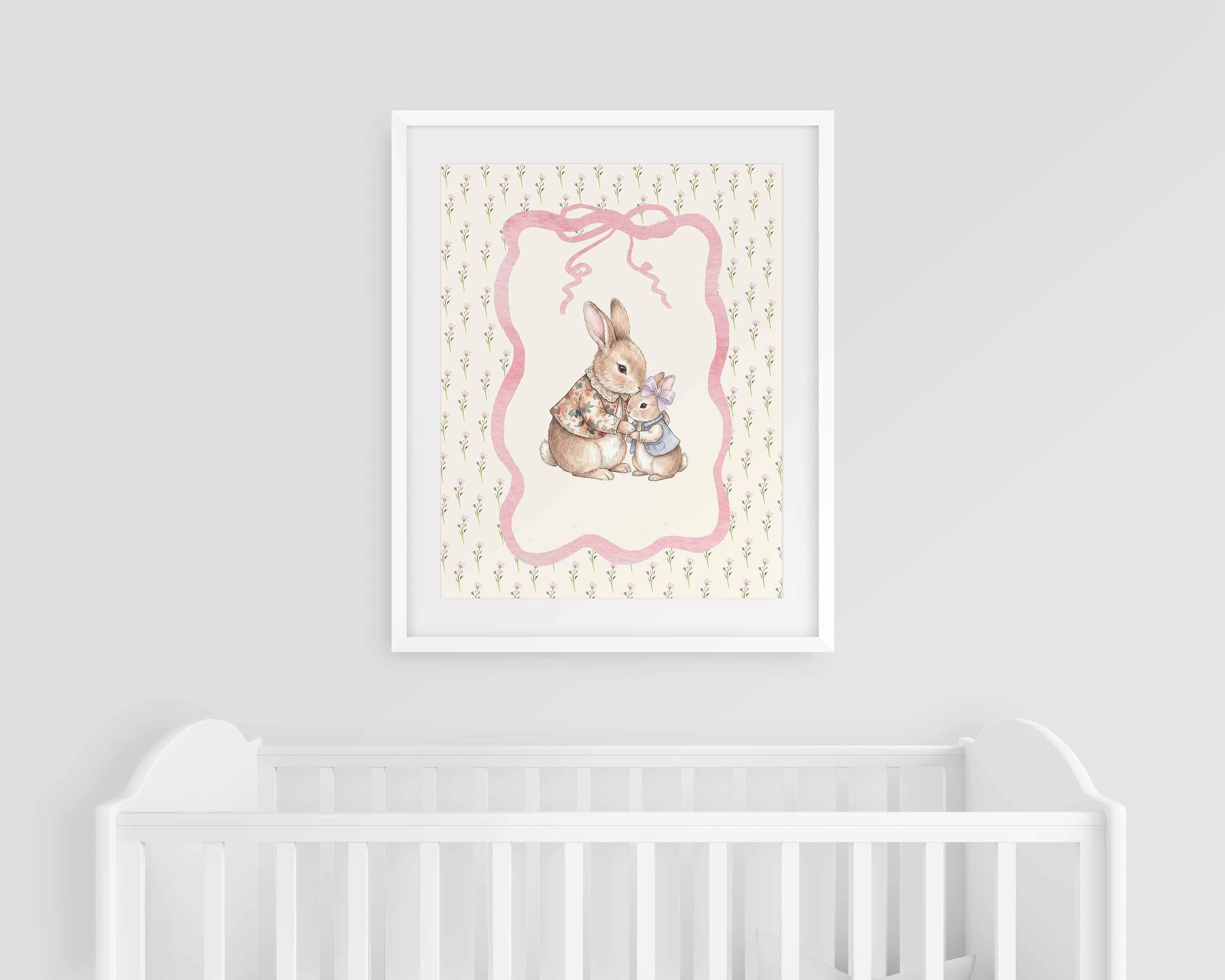 Vintage Bunny Nursery Print, Mother & Baby Rabbit Wall Art, Vintage Nursery Decor, Cottagecore Girl Room Art, Heirloom Printable Imagen secundaria del producto