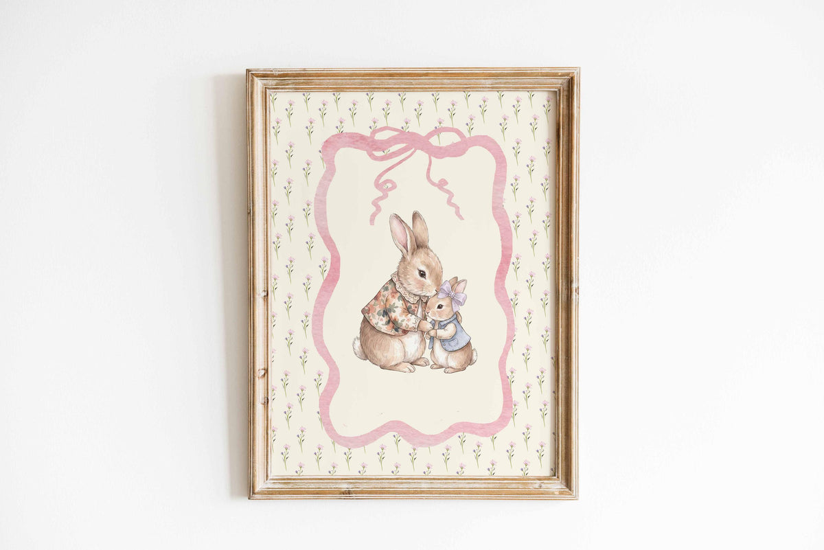 Vintage Bunny Nursery Print, Mother & Baby Rabbit Wall Art, Vintage Nursery Decor, Cottagecore Girl Room Art, Heirloom Printable Main image