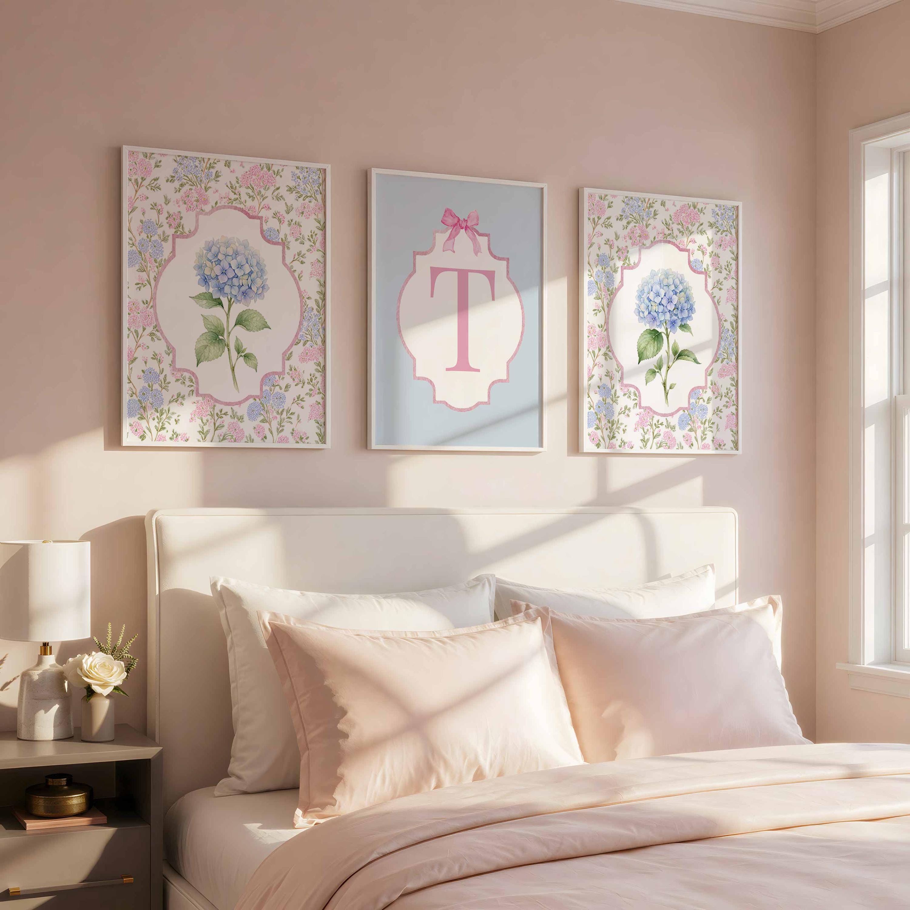 Personalized Dorm Rooms Wall Art, Girl Nursery Floral Prints, Girl Initial Letter, Monogram Print Set, Teen Bedroom, Hydrangea Poster