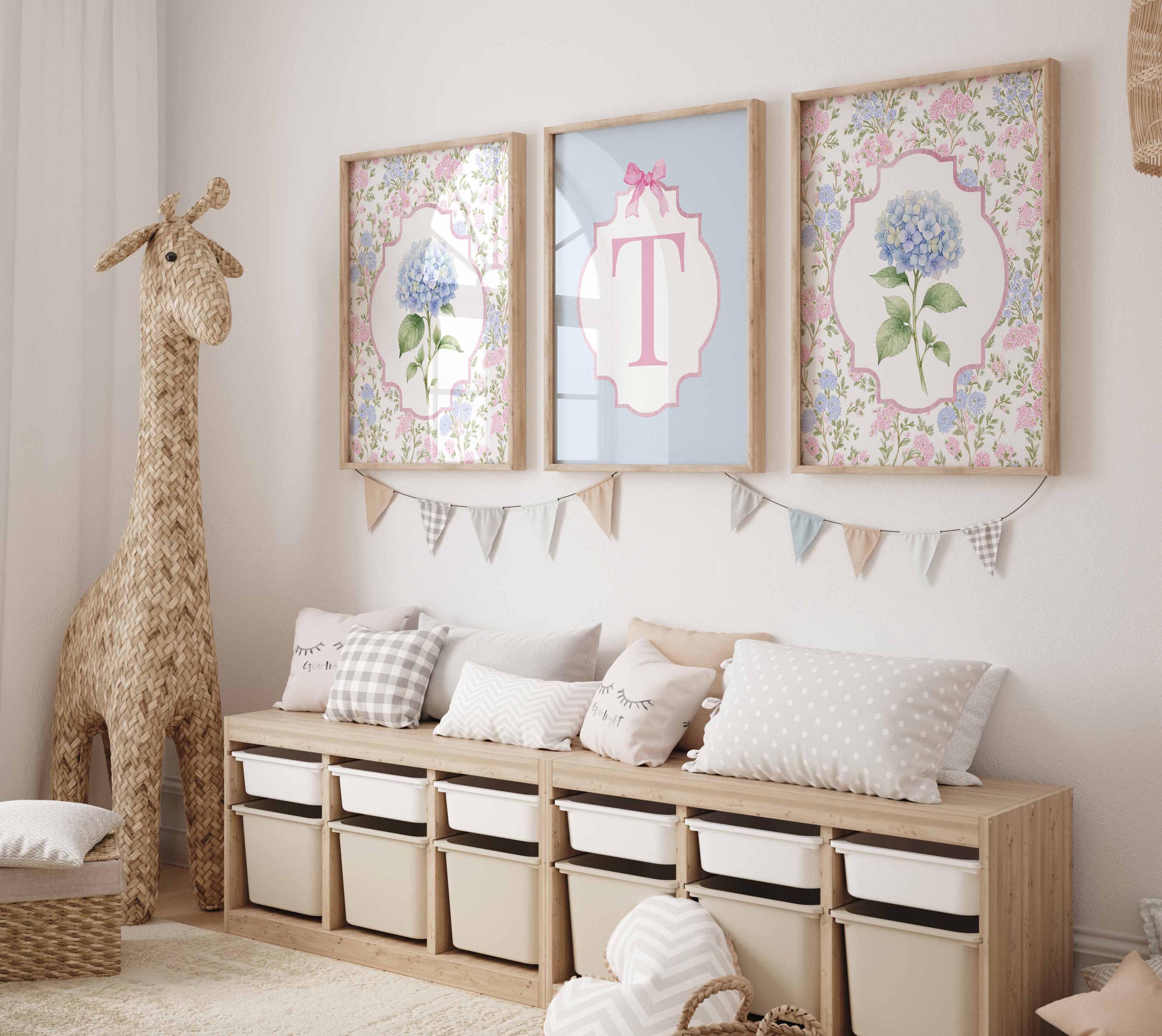 Personalized Dorm Rooms Wall Art, Girl Nursery Floral Prints, Girl Initial Letter, Monogram Print Set, Teen Bedroom, Hydrangea Poster Main image