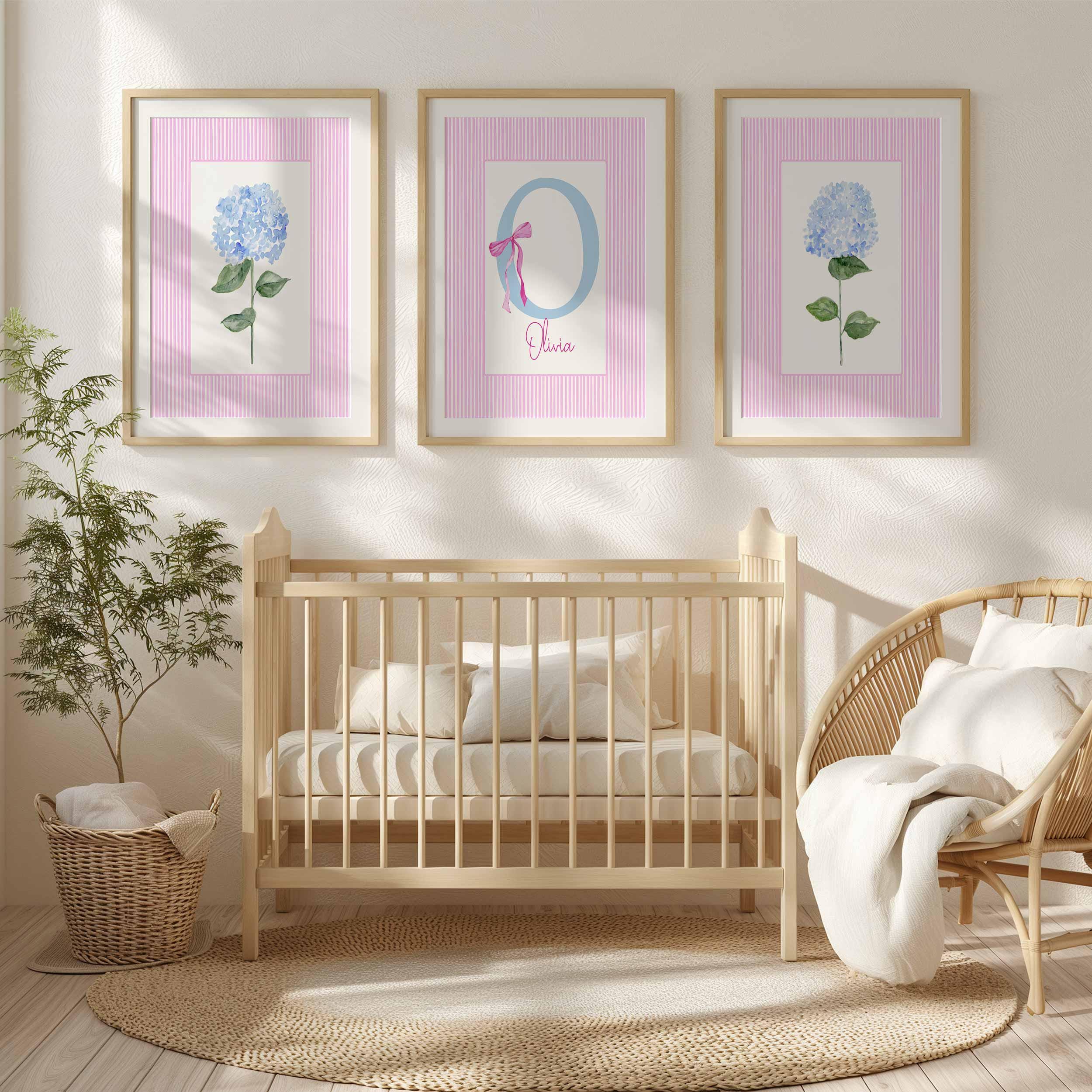 Personalized Dorm Rooms Wall Art, Pink Girl Nursery Floral Prints, Girl Name Sign, Monogram Print Set, Teen Bedroom College Hydrangea Poster Image secondaire du produit