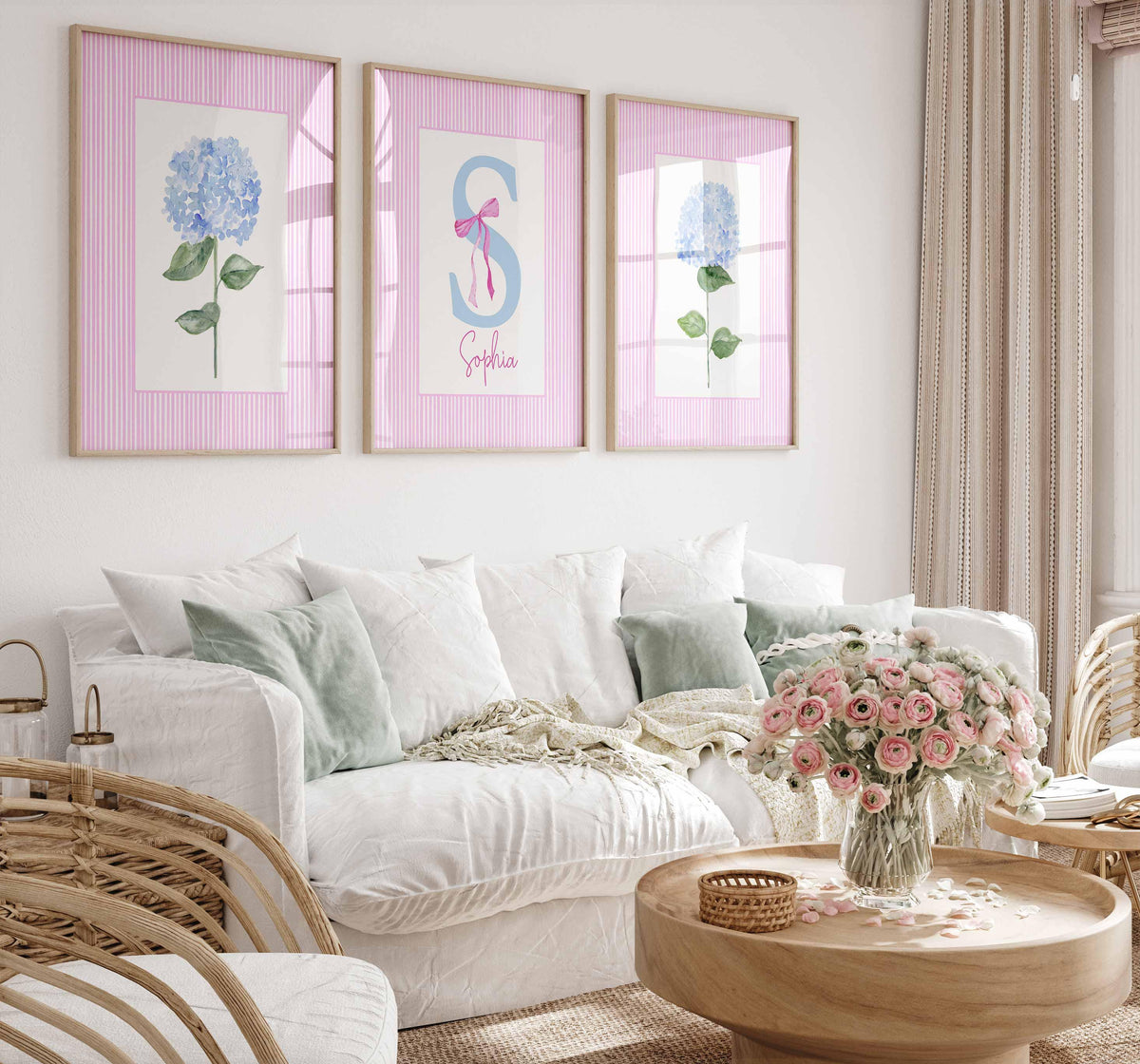 Personalized Dorm Rooms Wall Art, Pink Girl Nursery Floral Prints, Girl Name Sign, Monogram Print Set, Teen Bedroom College Hydrangea Poster Main image