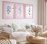 Personalized Dorm Rooms Wall Art, Pink Girl Nursery Floral Prints, Girl Name Sign, Monogram Print Set, Teen Bedroom College Hydrangea Poster