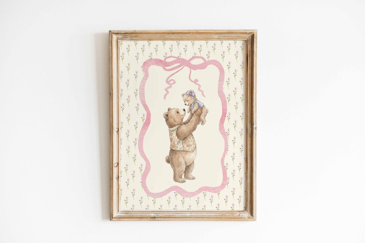 Vintage Bear Nursery Print, Mother & Baby Bear Wall Art, Vintage Nursery Decor, Cottagecore Girl Room Art, Heirloom Printable, Cute Bear art Main image